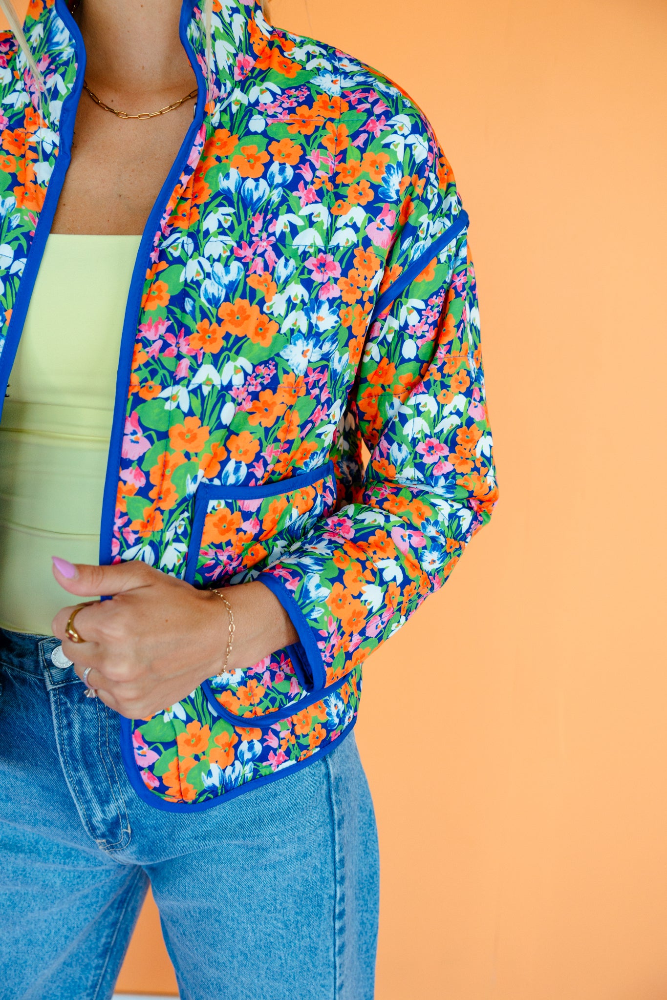 Delilah Floral Quilted Jacket - Bright Blue + Leaf Green