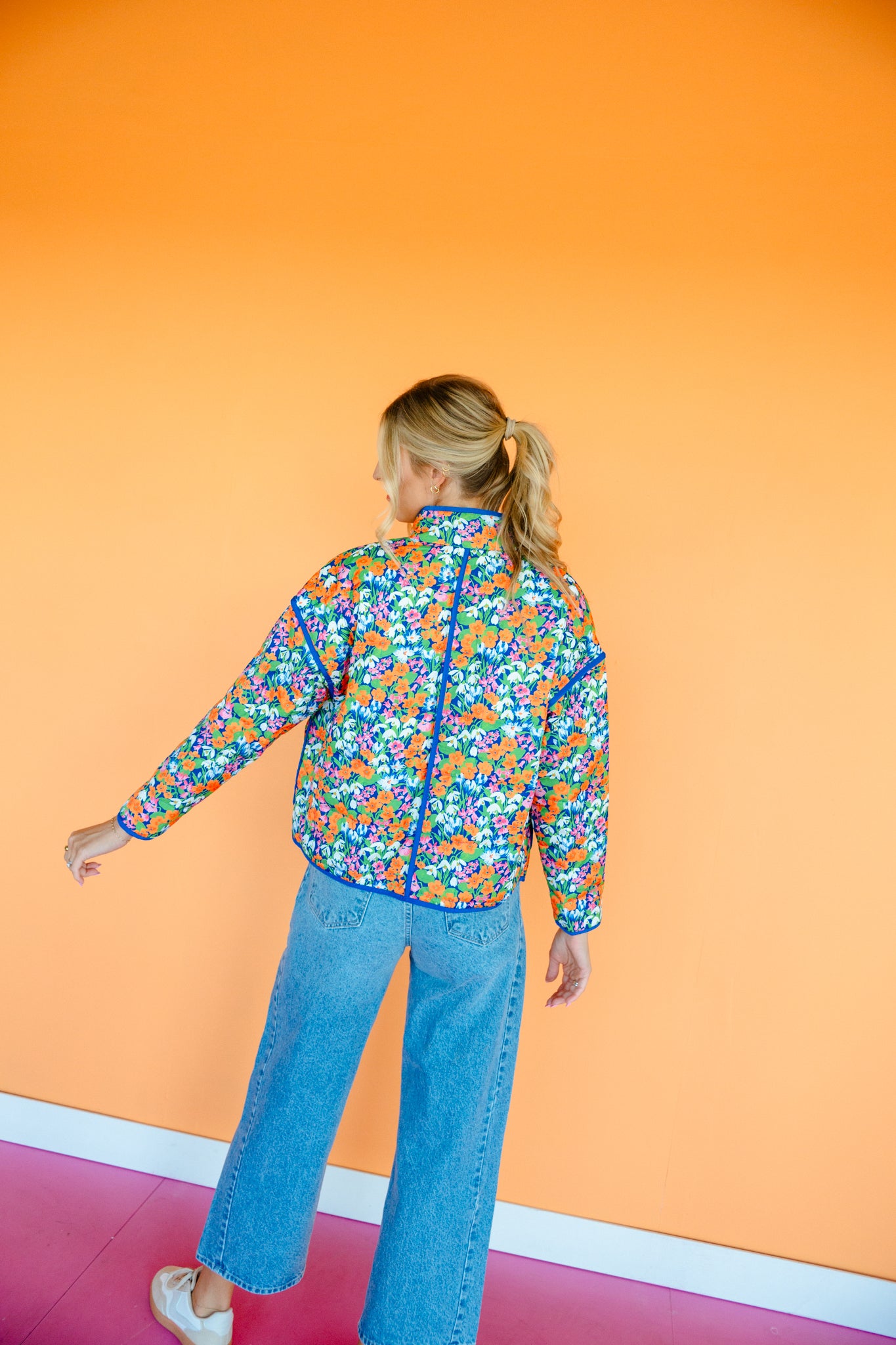 Delilah Floral Quilted Jacket - Bright Blue + Leaf Green