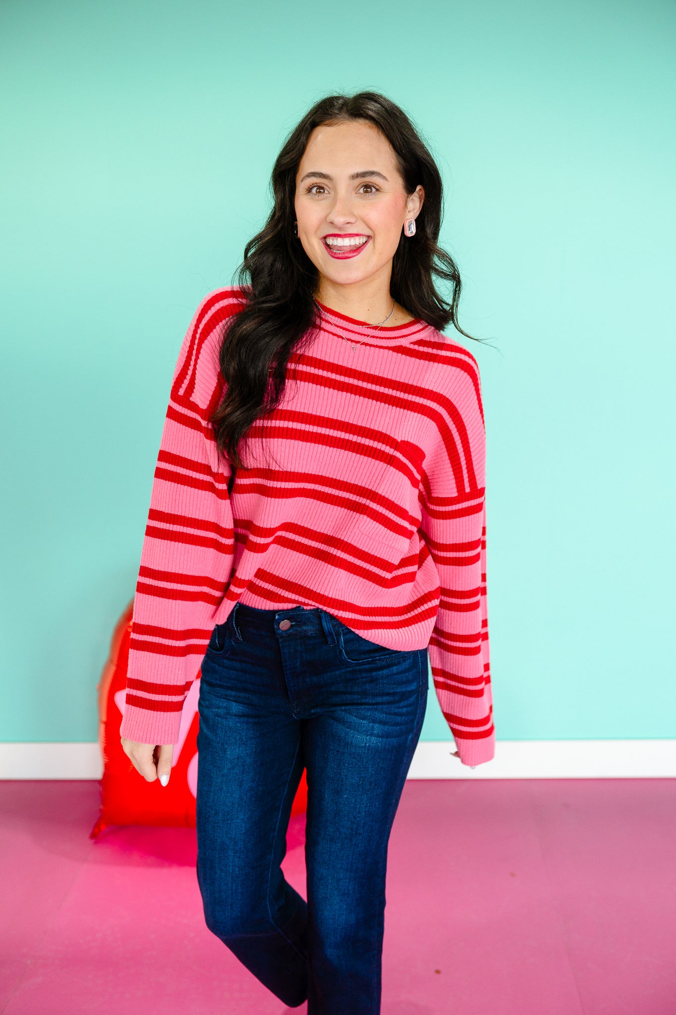 Shelly Striped Sweater - Shocking Pink + Red