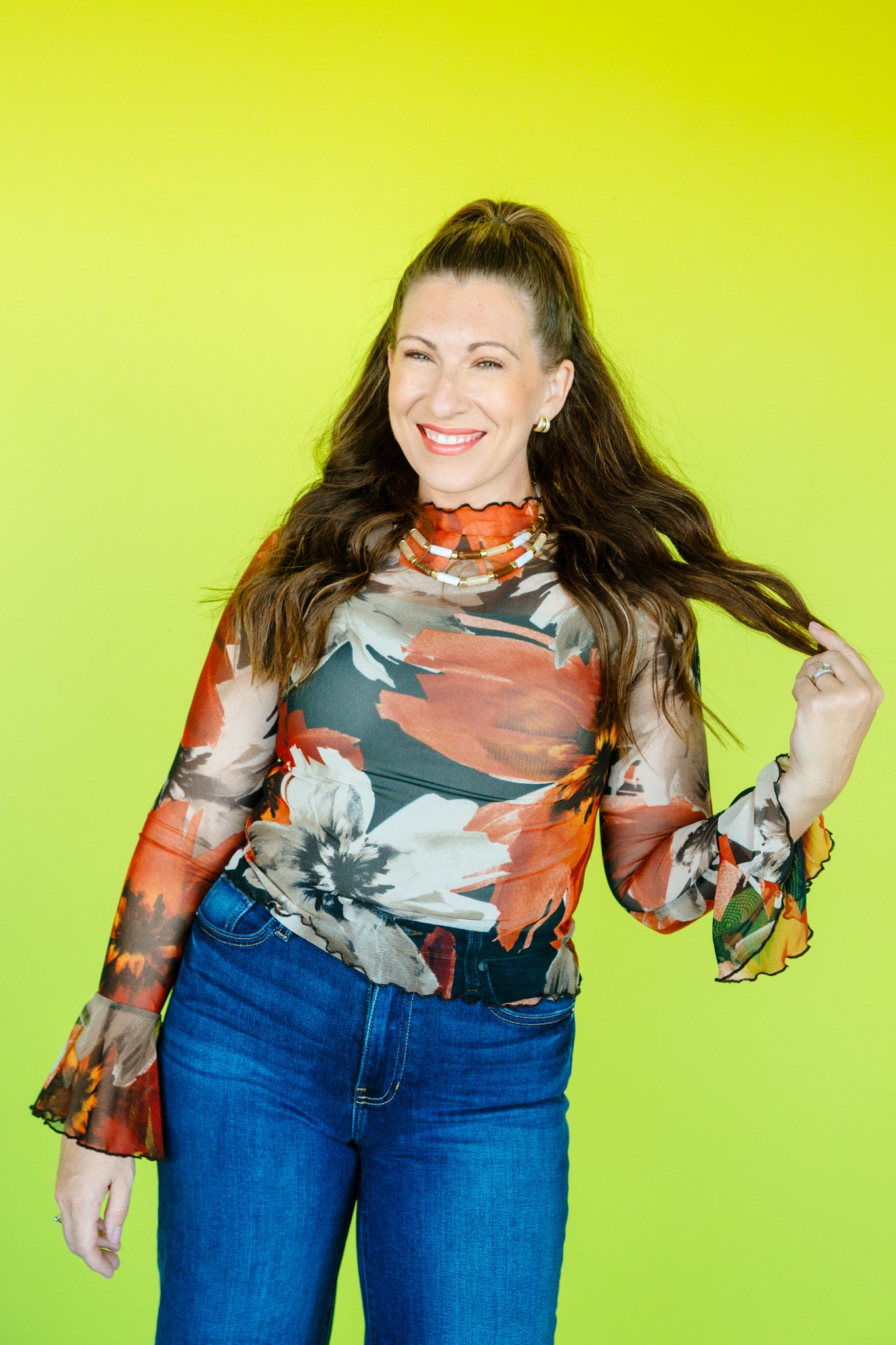 Oaklyn Flare Sleeve Mesh Top - Rust + Beige + Chestnut