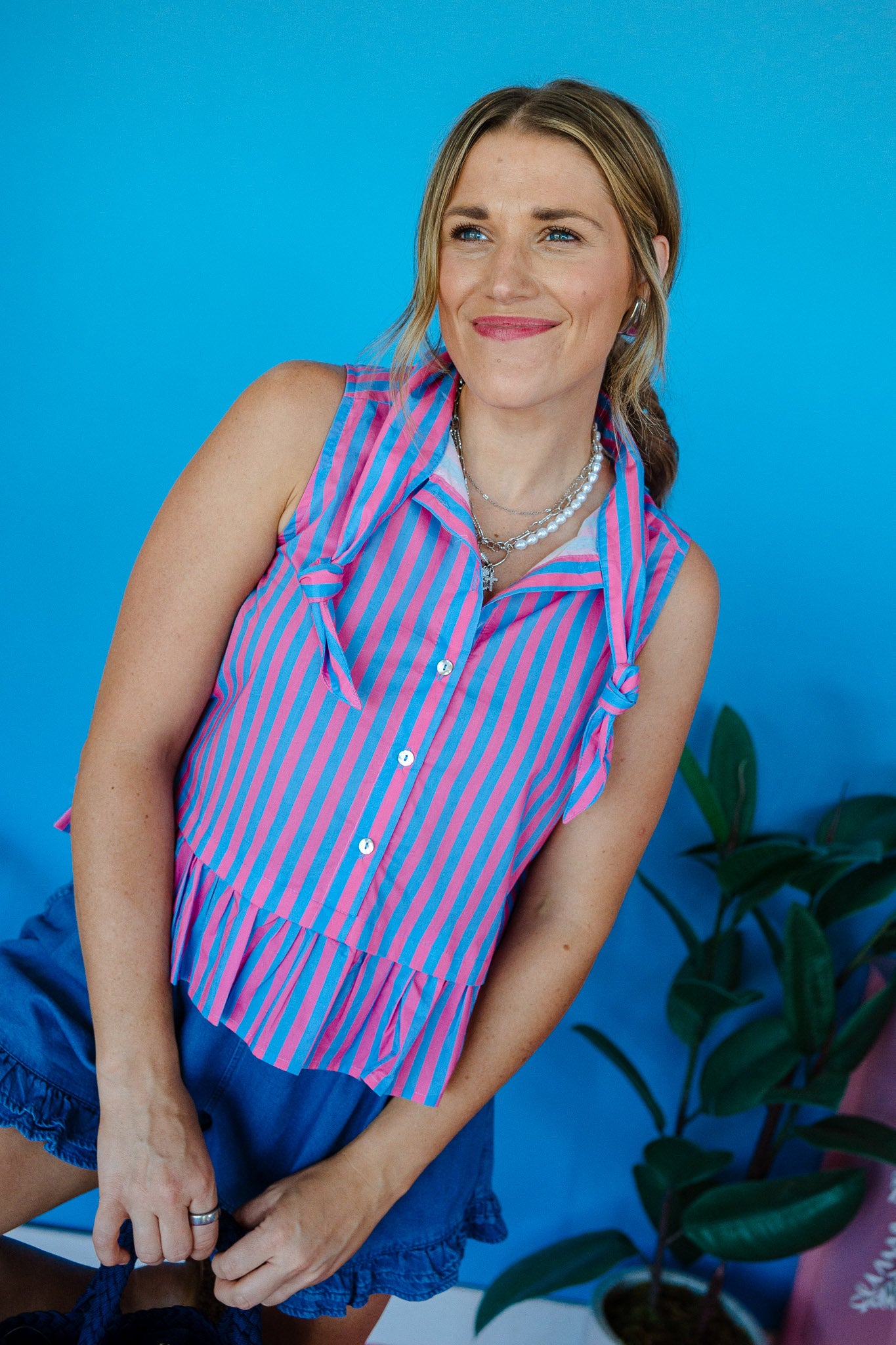 Marie Striped Blouse - Raspberry + Sky Blue
