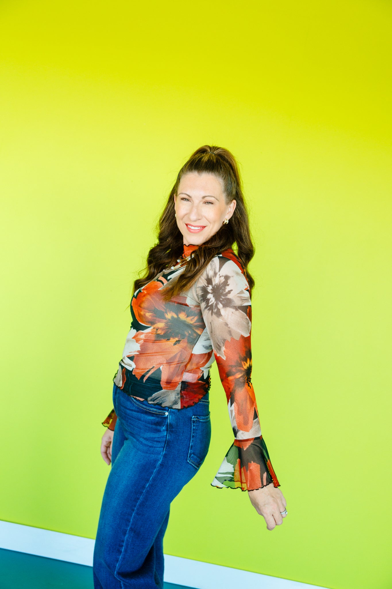 Oaklyn Flare Sleeve Mesh Top - Rust + Beige + Chestnut