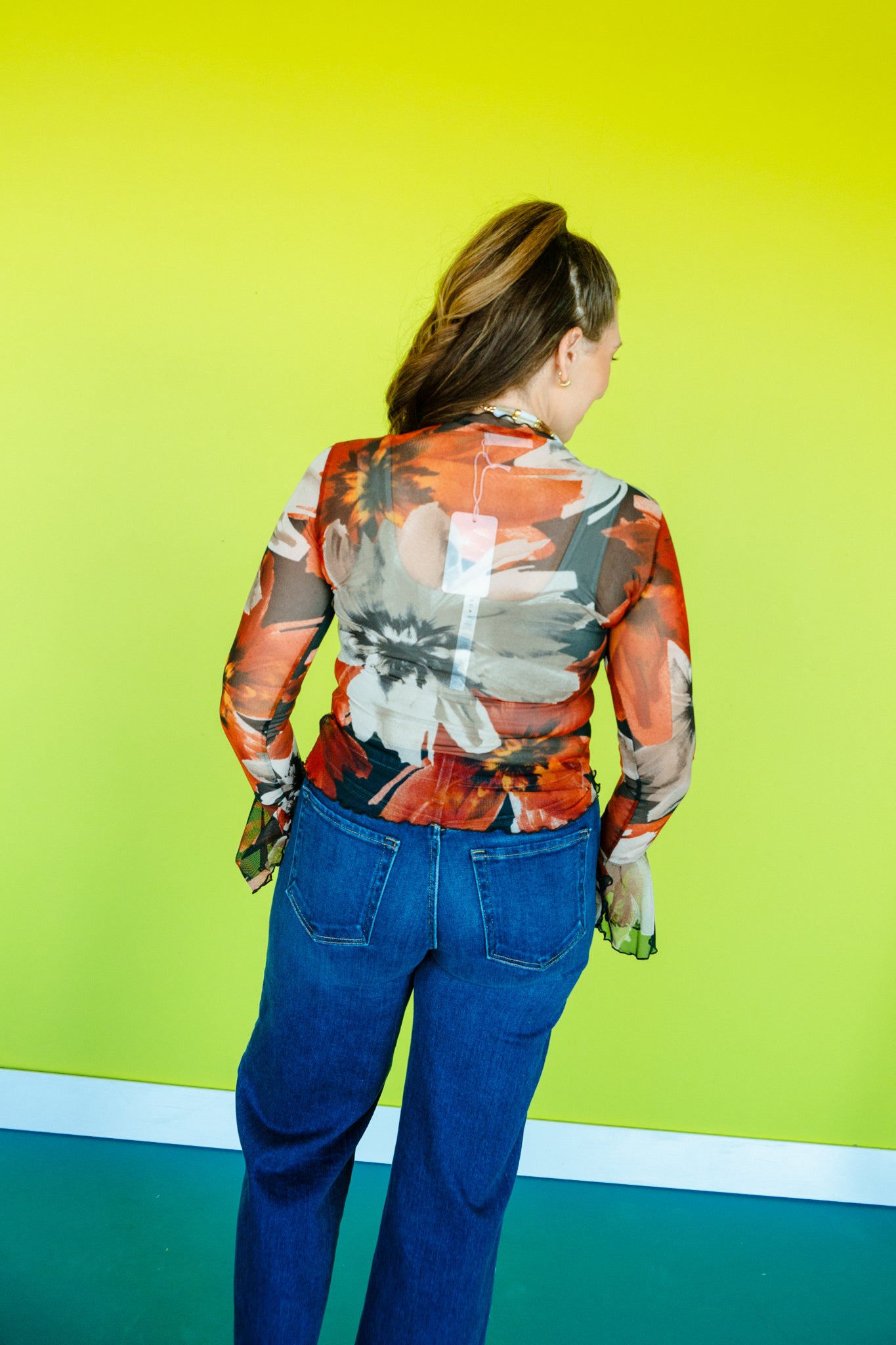 Oaklyn Flare Sleeve Mesh Top - Rust + Beige + Chestnut