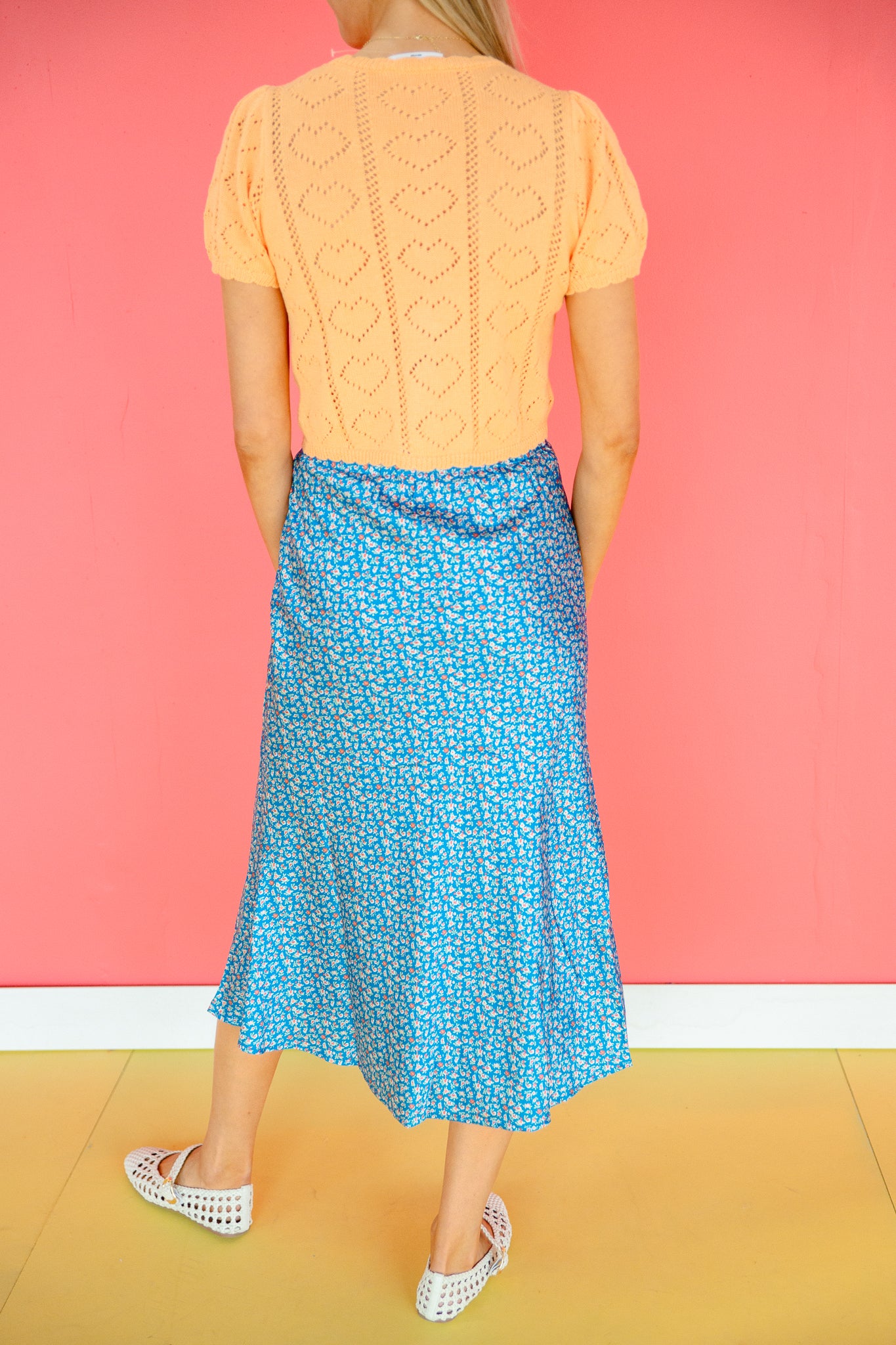 Candice Floral Satin Midi Skirt - Turquoise Blue + Orange