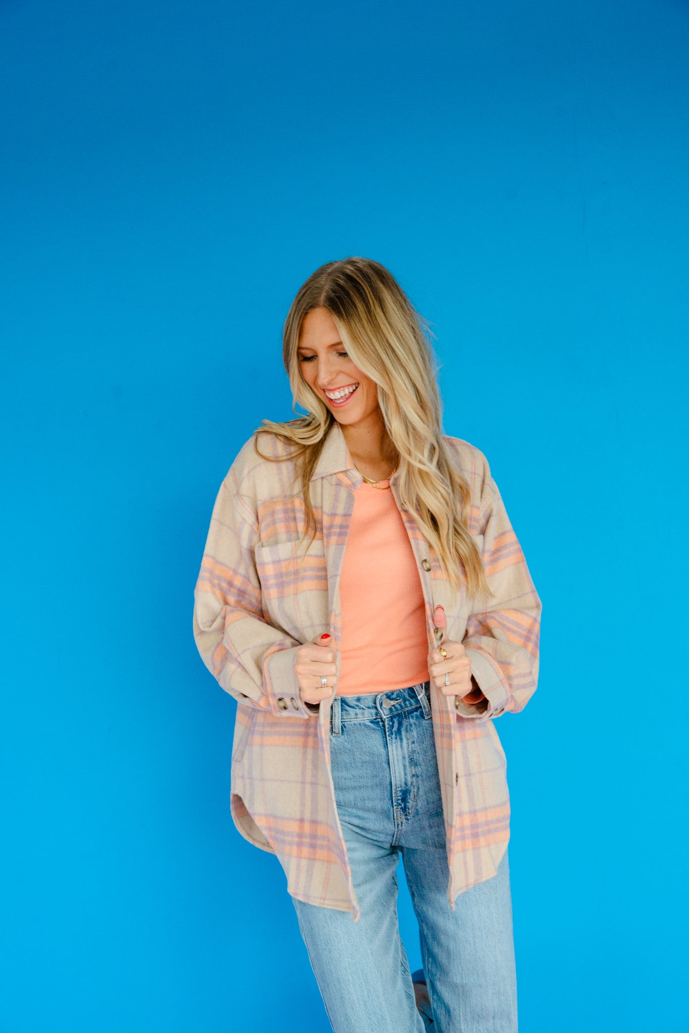 Jojo Plaid Shacket - Beige + Orange + Violet