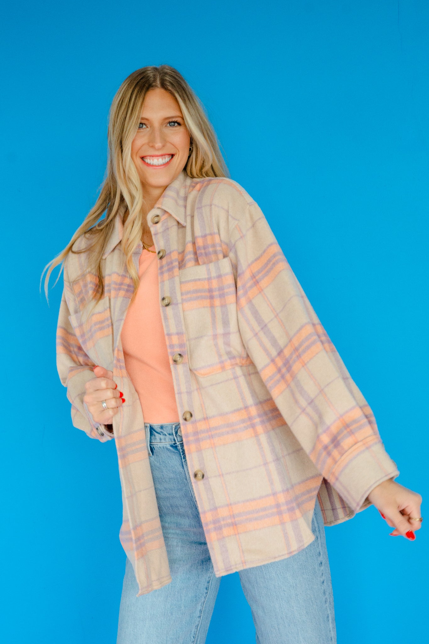 Jojo Plaid Shacket - Beige + Orange + Violet
