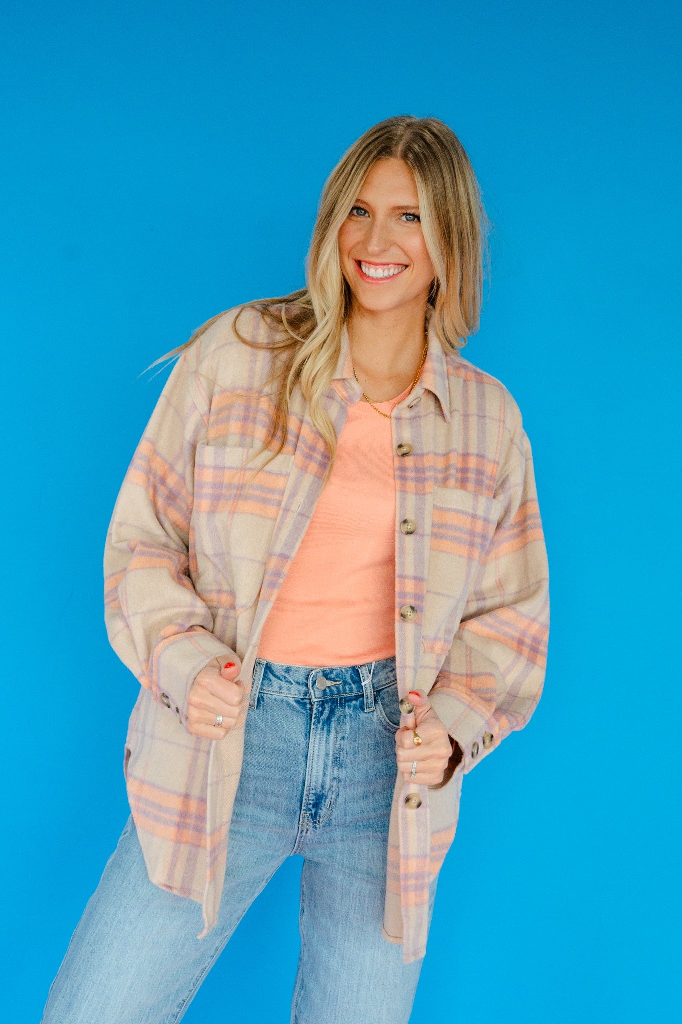 Jojo Plaid Shacket - Beige + Orange + Violet