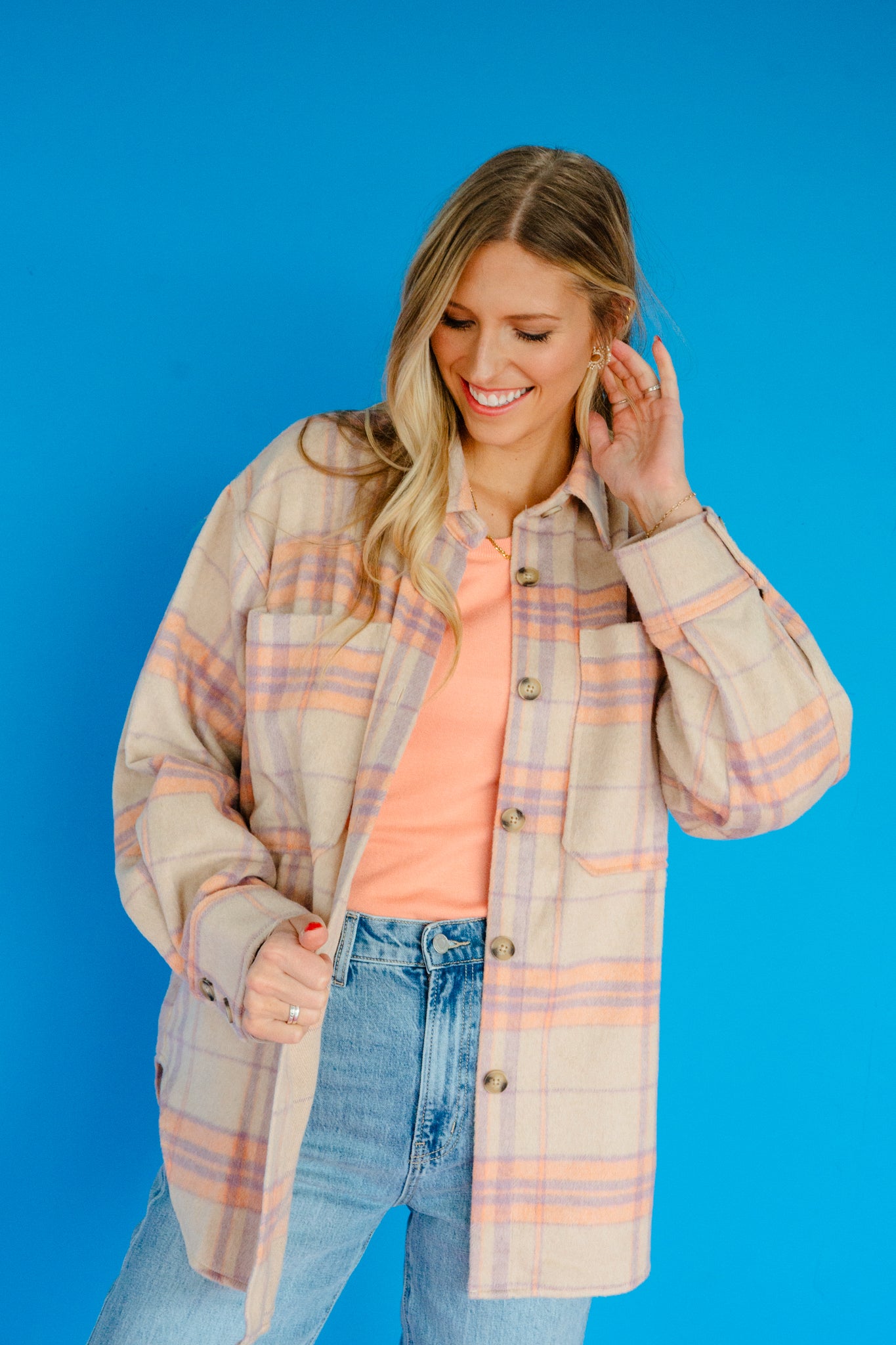 Jojo Plaid Shacket - Beige + Orange + Violet