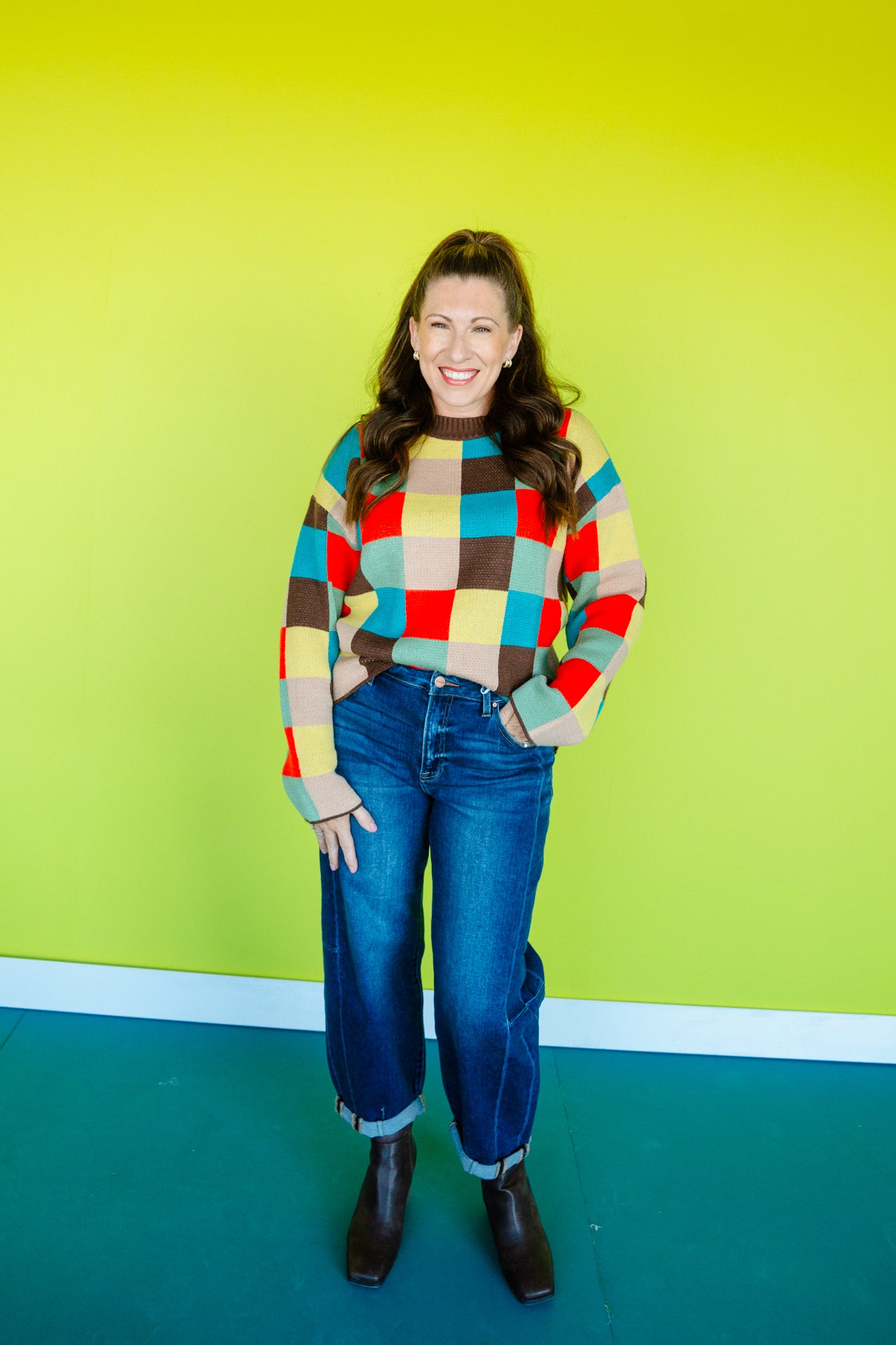 Shay Checkered Sweater - Dark Brown + Geranium + Peacock