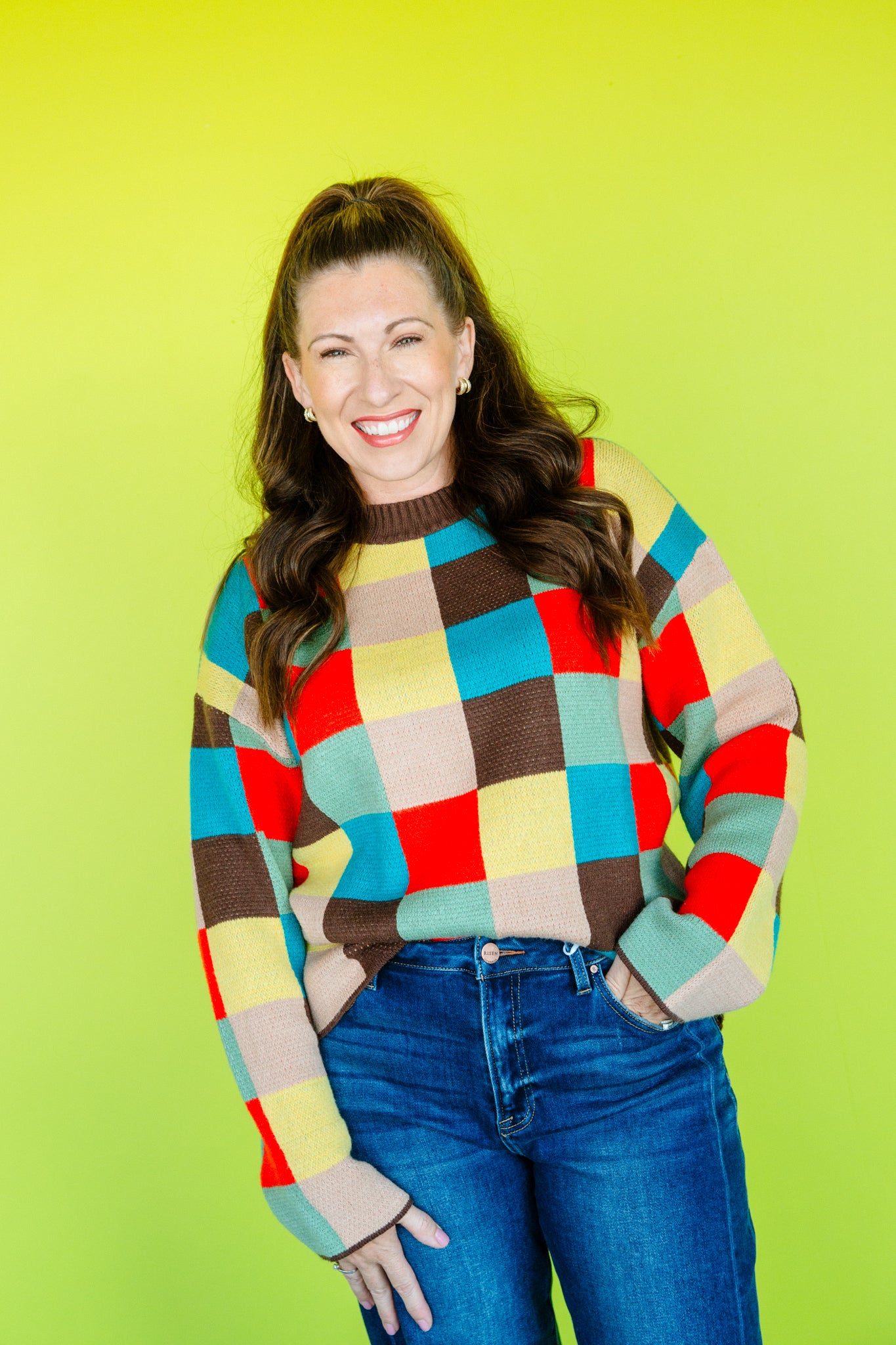 Shay Checkered Sweater - Dark Brown + Geranium + Peacock