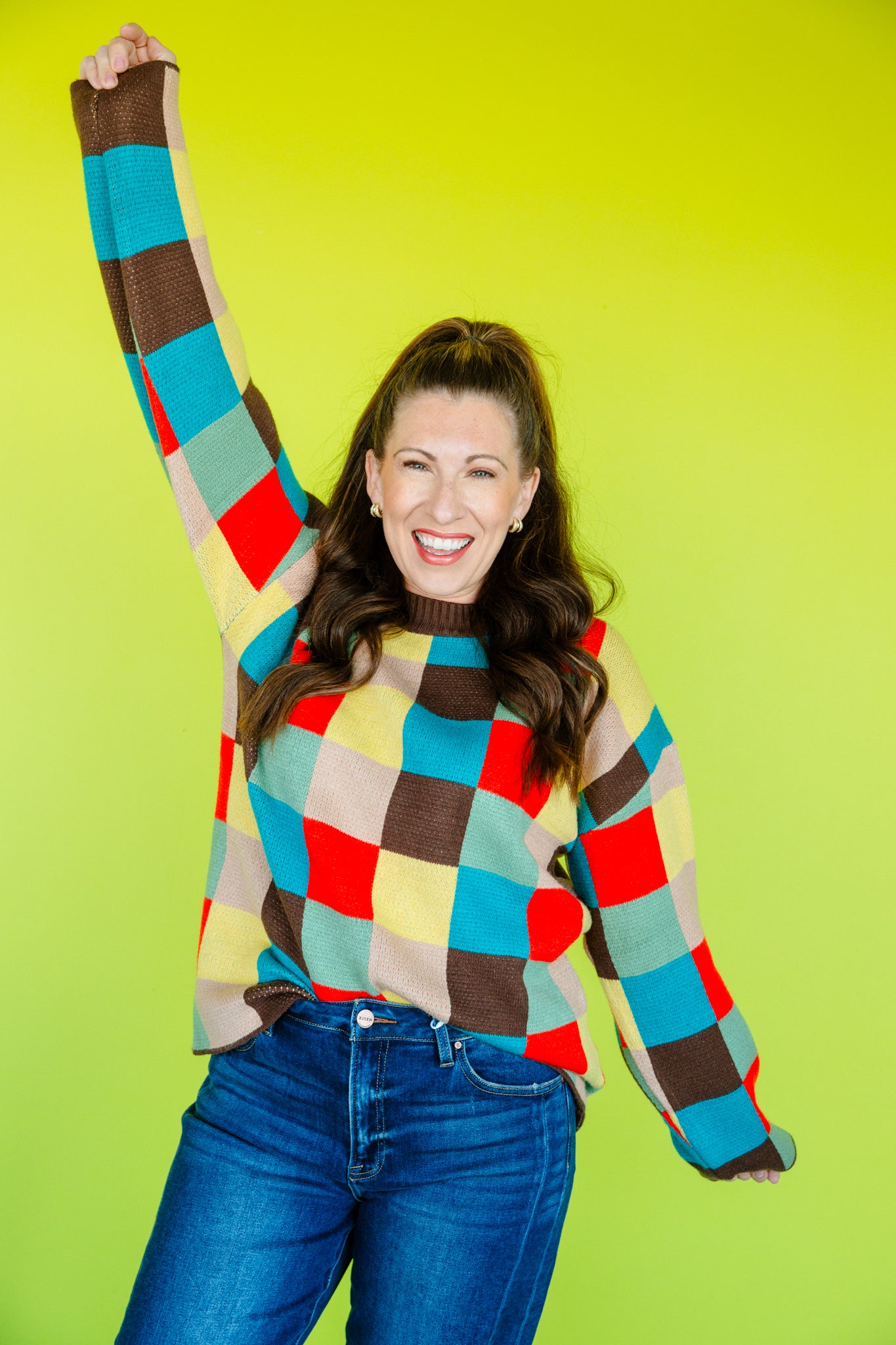 Shay Checkered Sweater - Dark Brown + Geranium + Peacock