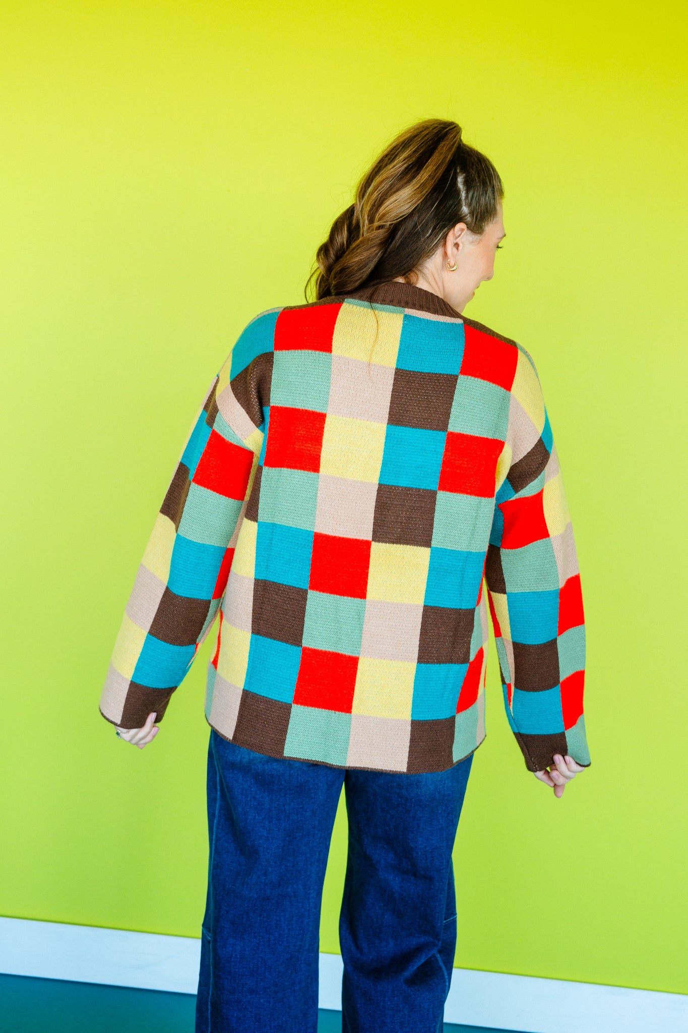 Shay Checkered Sweater - Dark Brown + Geranium + Peacock