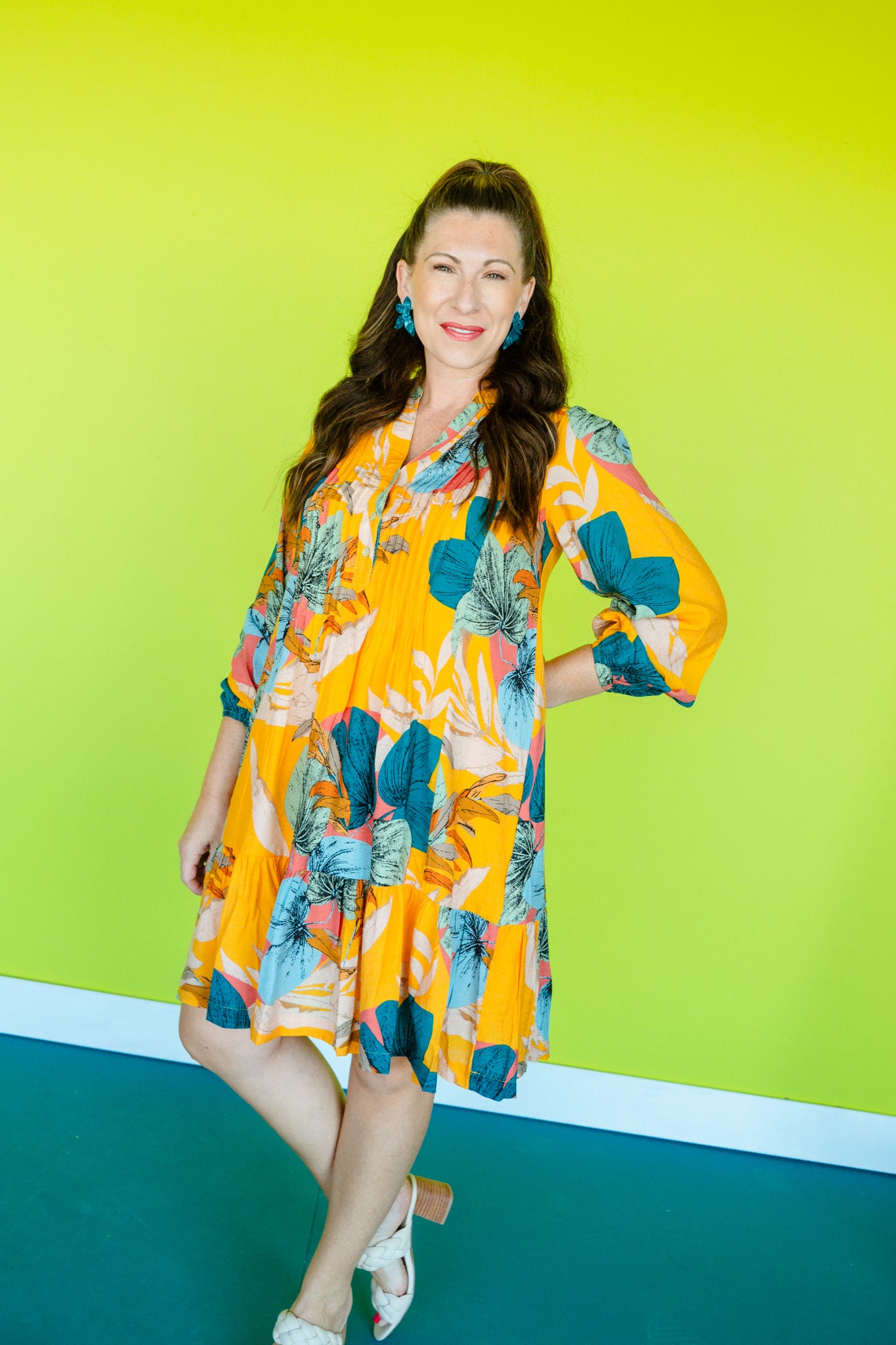 Francine Printed Mini Dress - Mustard + Kingfisher