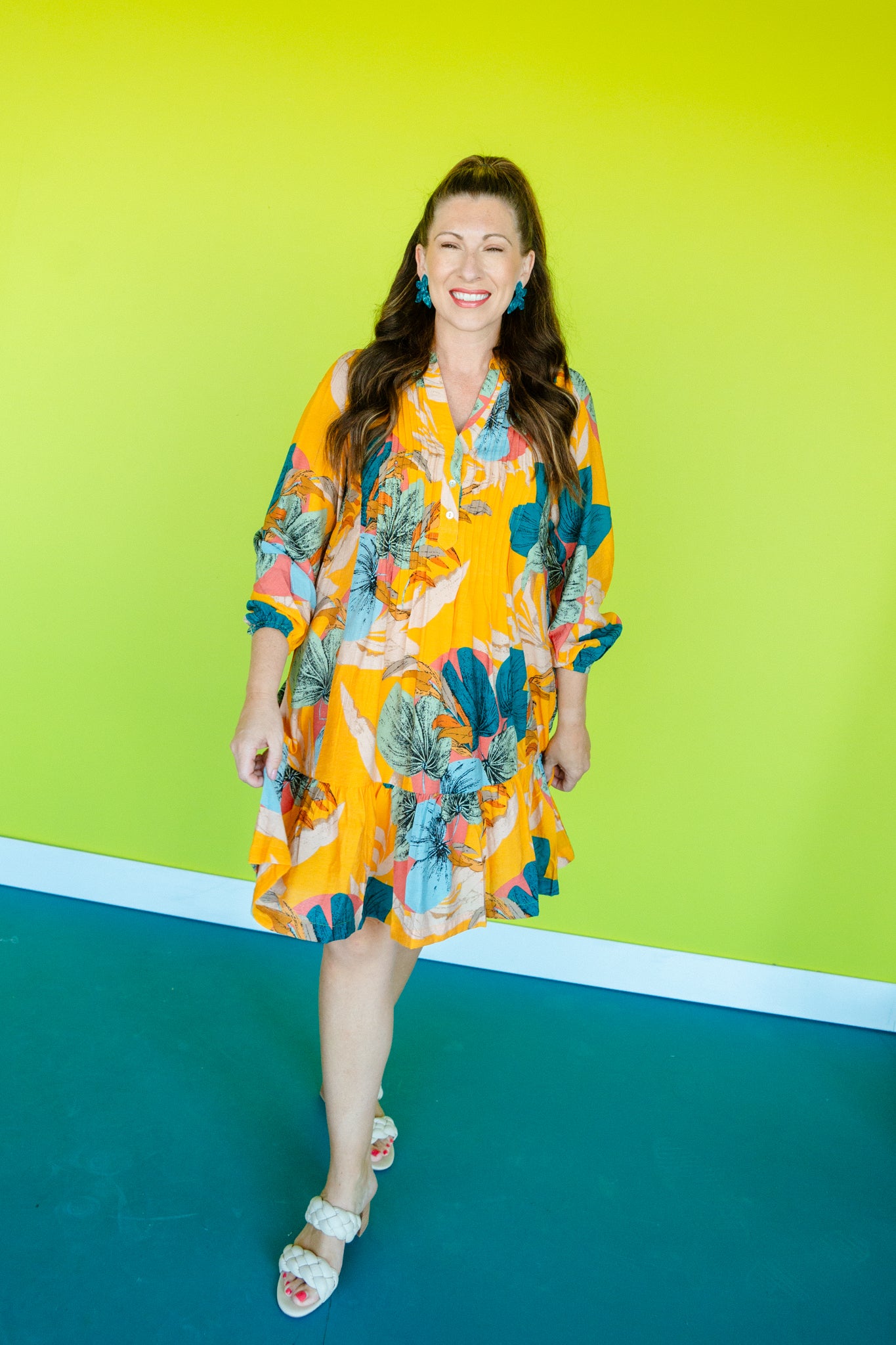 Francine Printed Mini Dress - Mustard + Kingfisher