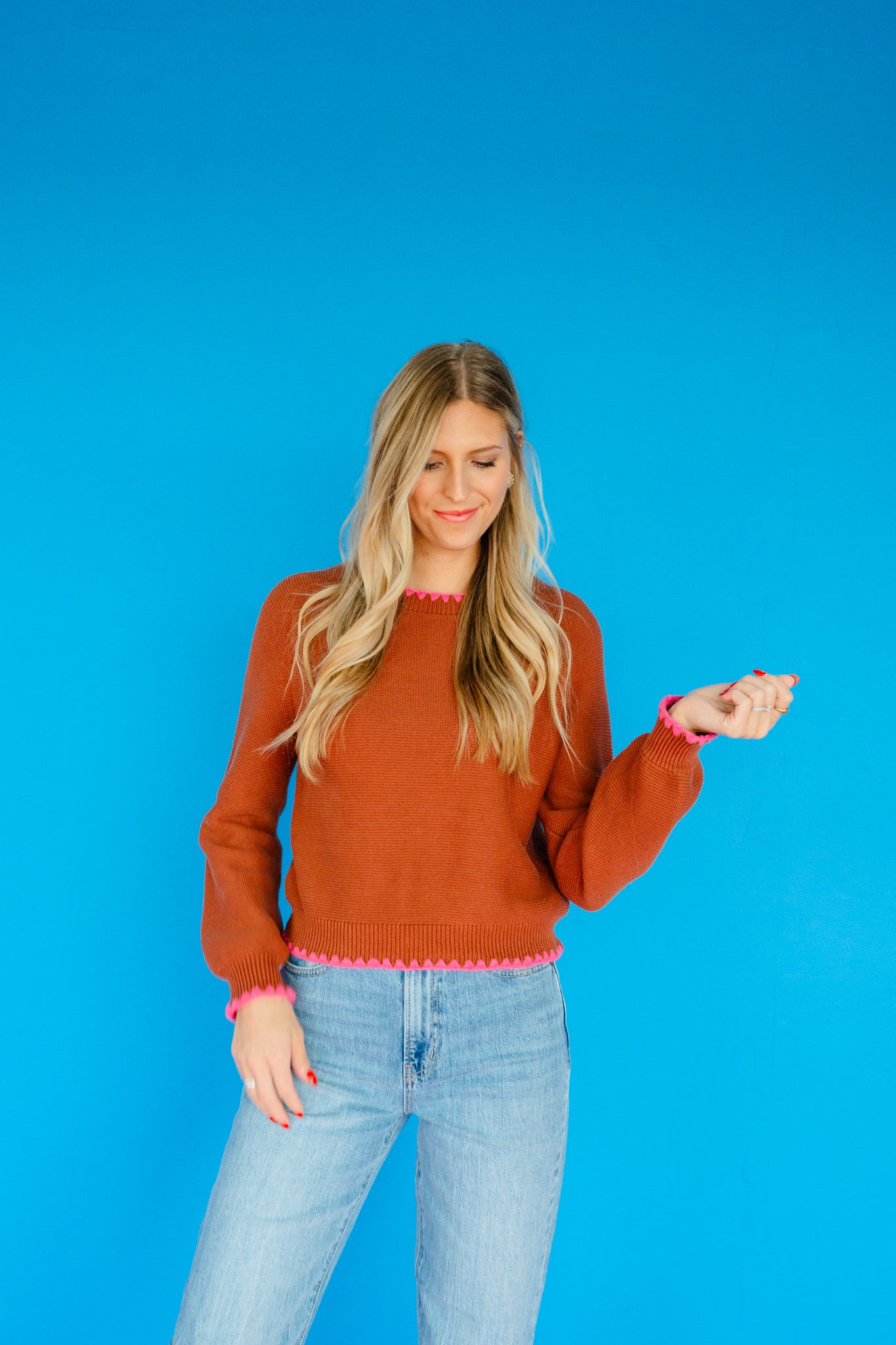 Suzie Trim Detail Sweater - Tan + Shocking Pink