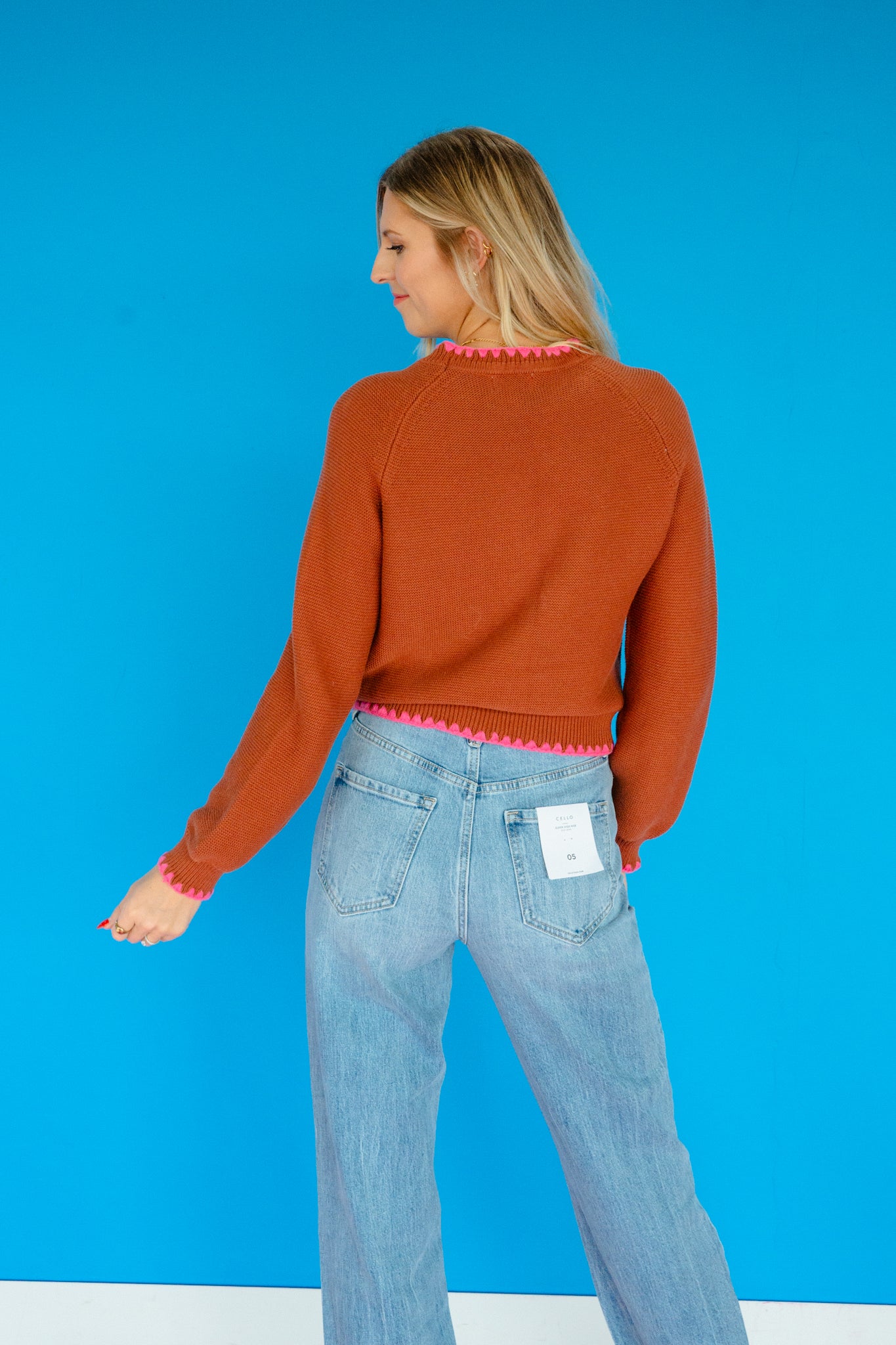 Suzie Trim Detail Sweater - Tan + Shocking Pink