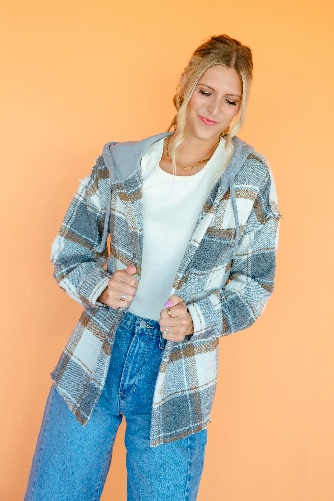 Cole Plaid Hooded Shacket - Cream + Tan + Dove Grey
