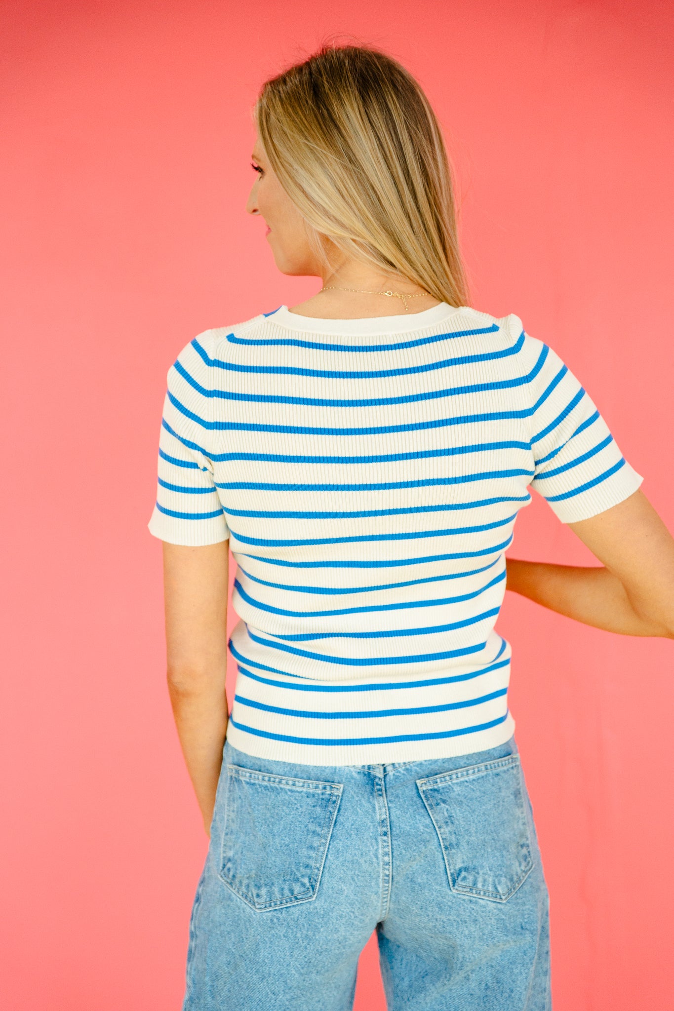 Alexa Striped Short Sleeve Cardigan - Oxford Blue + Cream