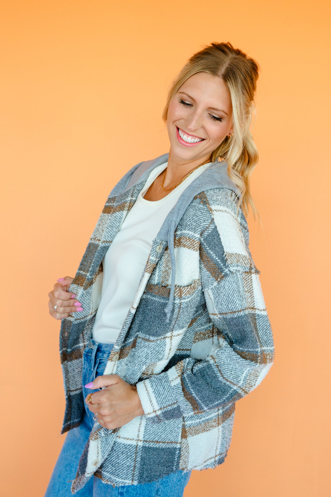 Cole Plaid Hooded Shacket - Cream + Tan + Dove Grey