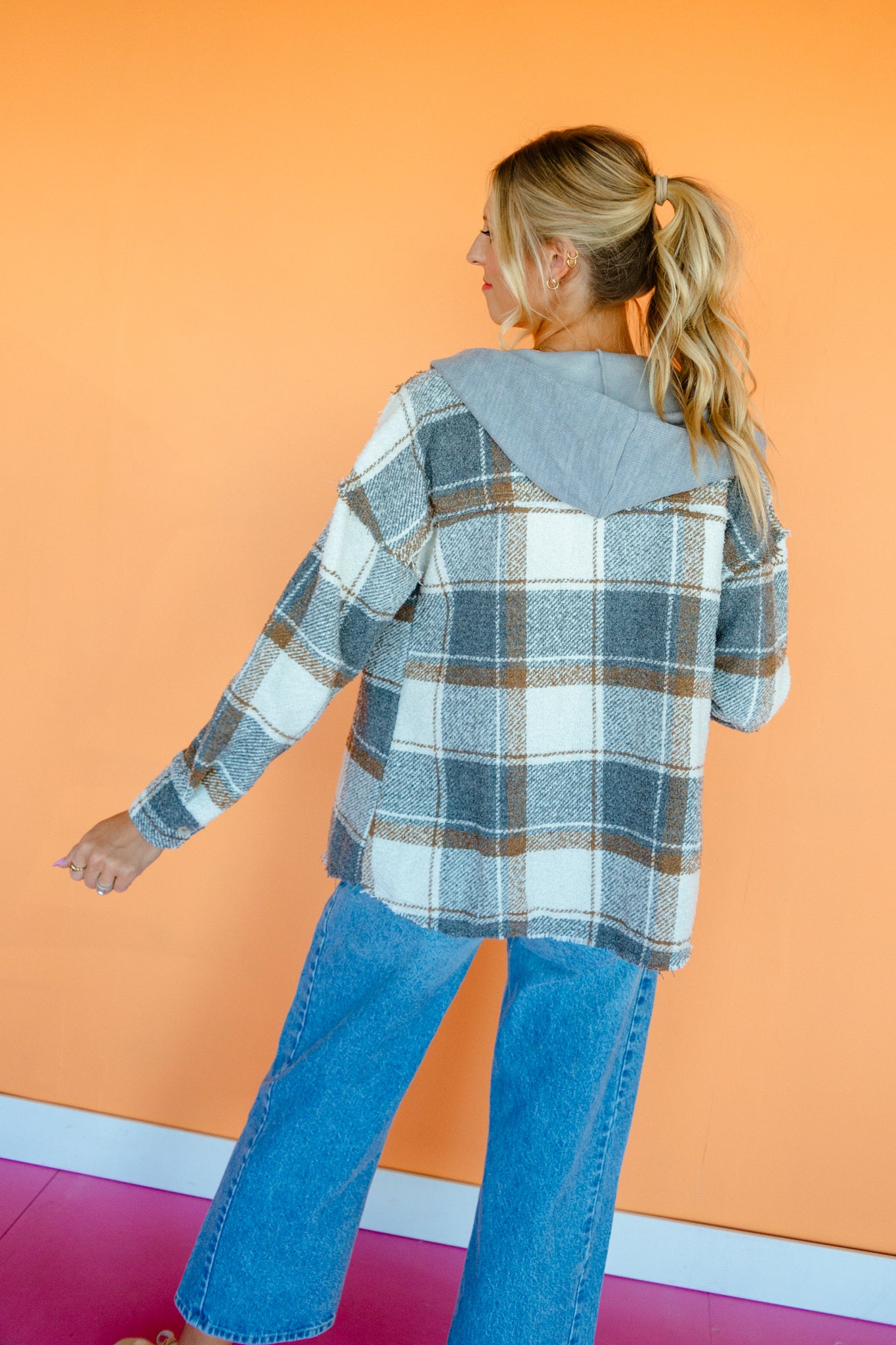 Cole Plaid Hooded Shacket - Cream + Tan + Dove Grey