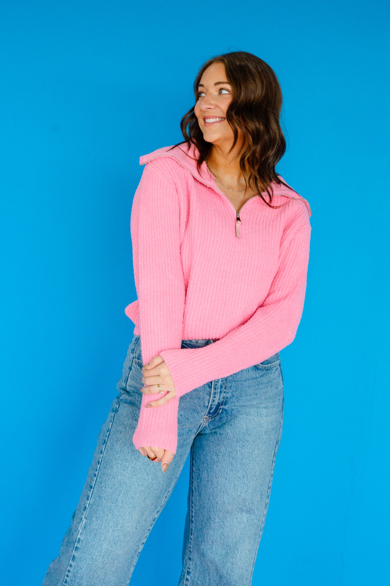 Sable Plush Quarter Zip Sweater - Rose/Shocking Pink