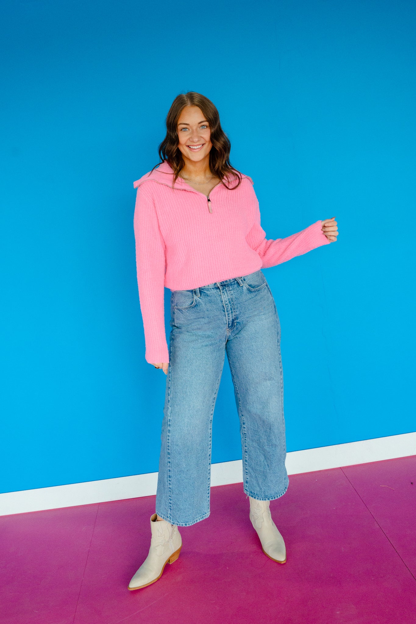 Sable Plush Quarter Zip Sweater - Rose/Shocking Pink