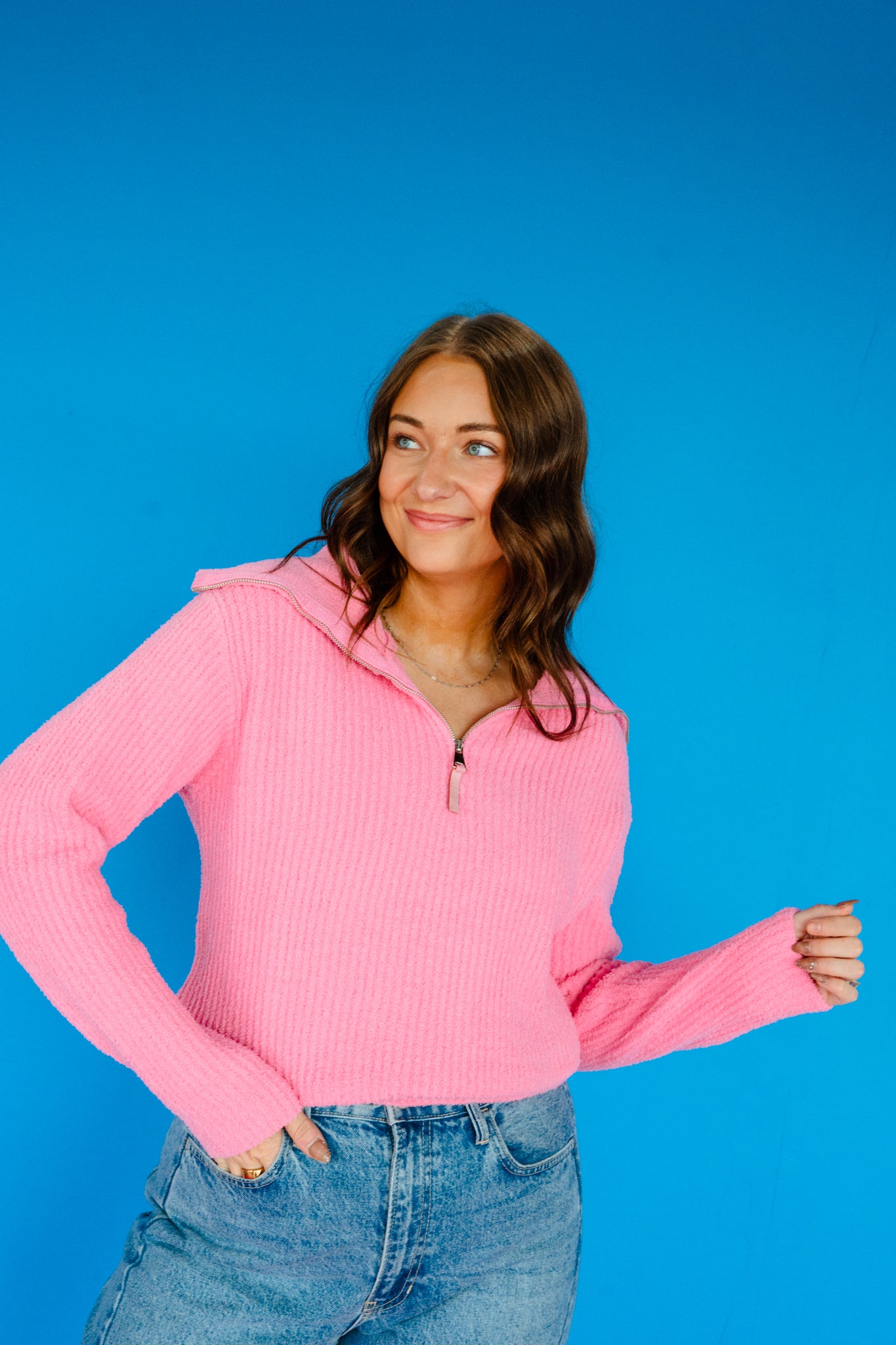 Sable Plush Quarter Zip Sweater - Rose/Shocking Pink