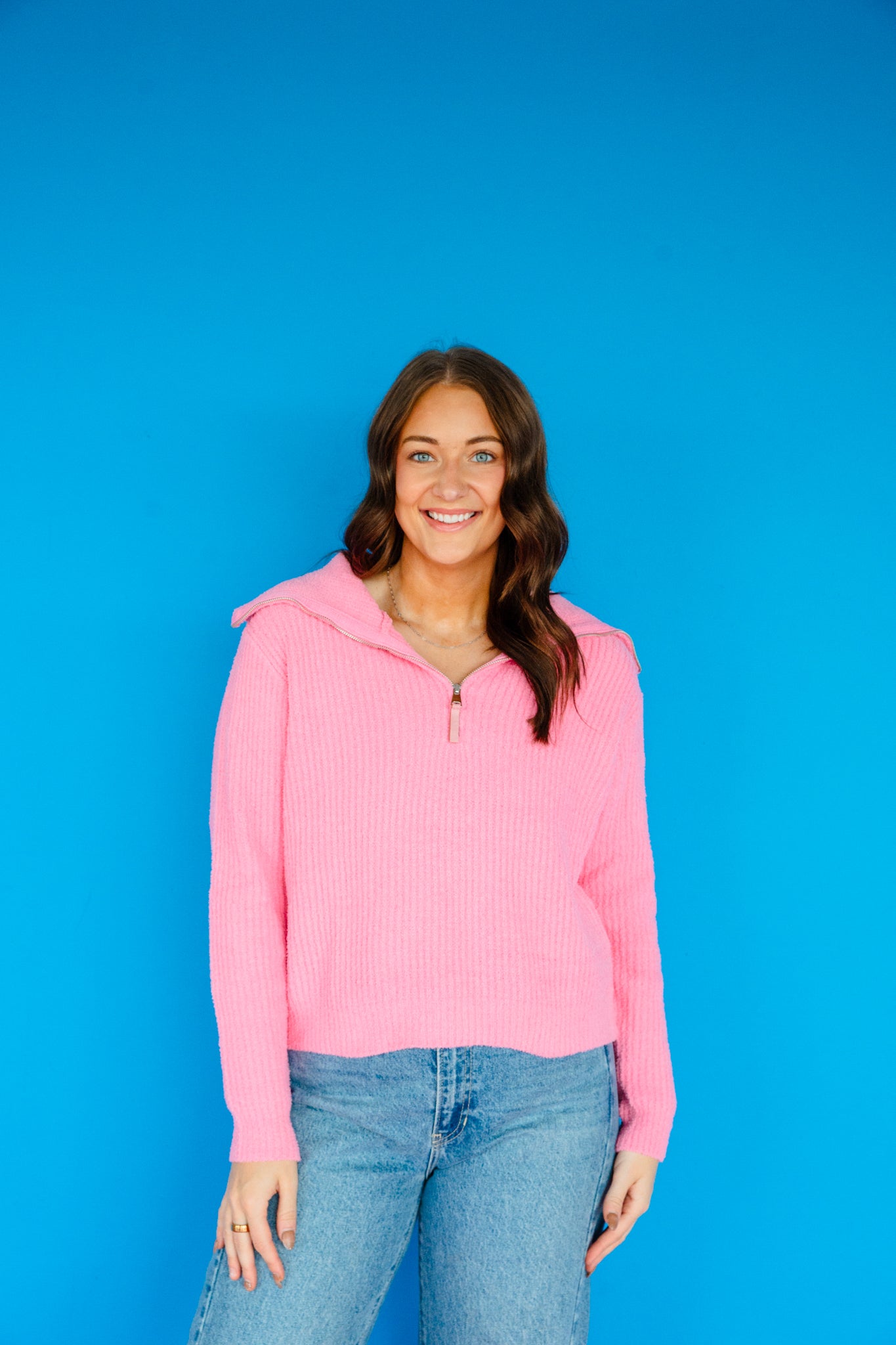 Sable Plush Quarter Zip Sweater - Rose/Shocking Pink