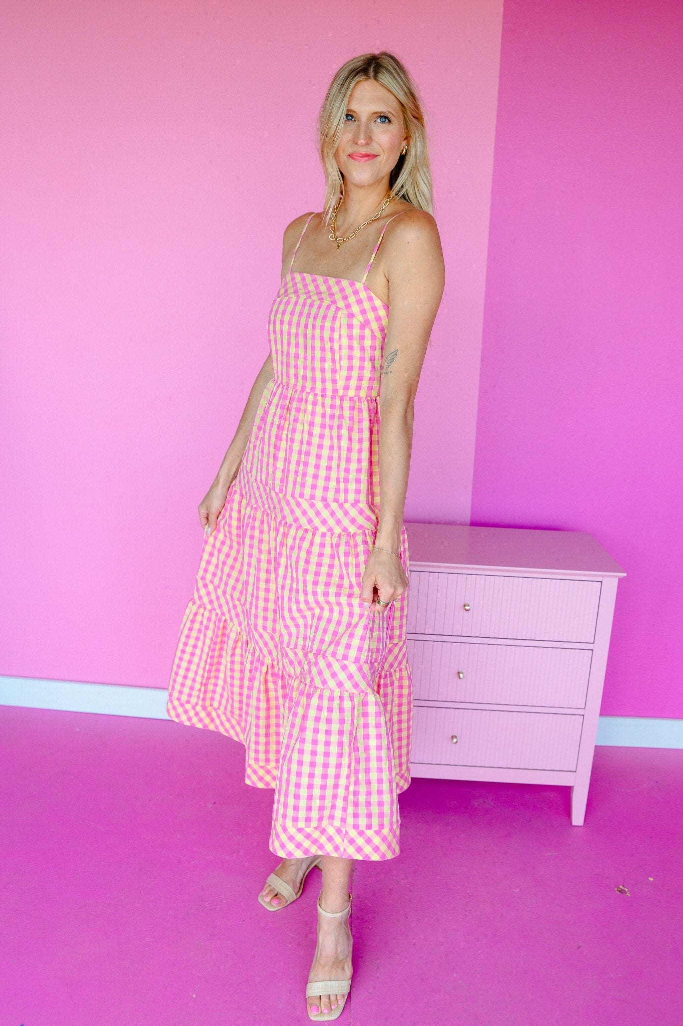 Mae Gingham Midi Dress - Shocking Pink + Yellow