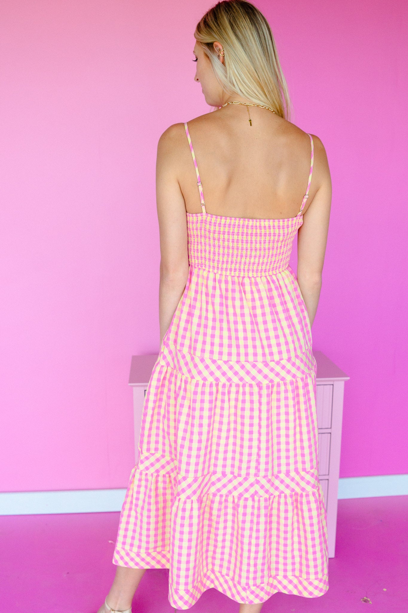 Mae Gingham Midi Dress - Shocking Pink + Yellow