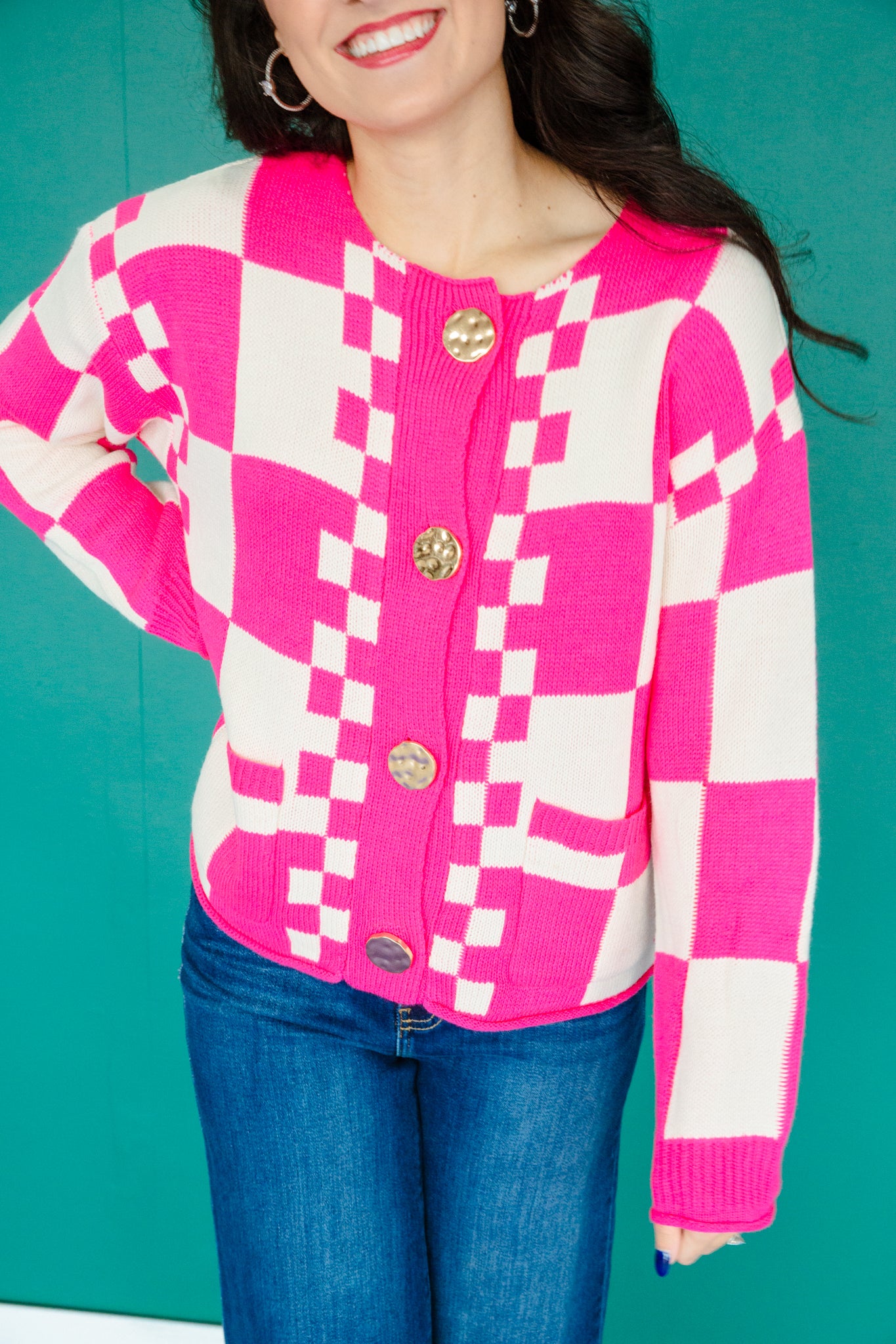 Trixie Checkered Cardigan - Hot Pink