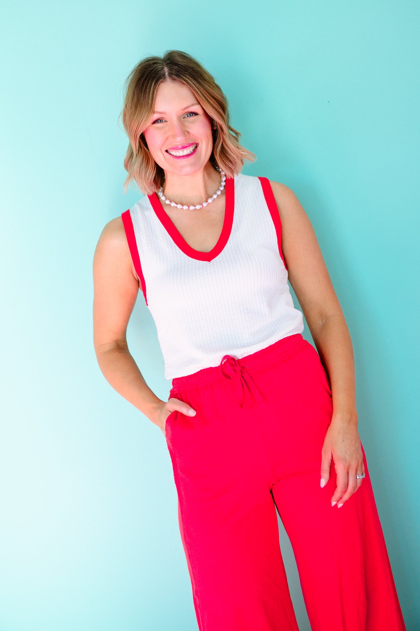 Feah V-Neck Tank - True Red + Soft White