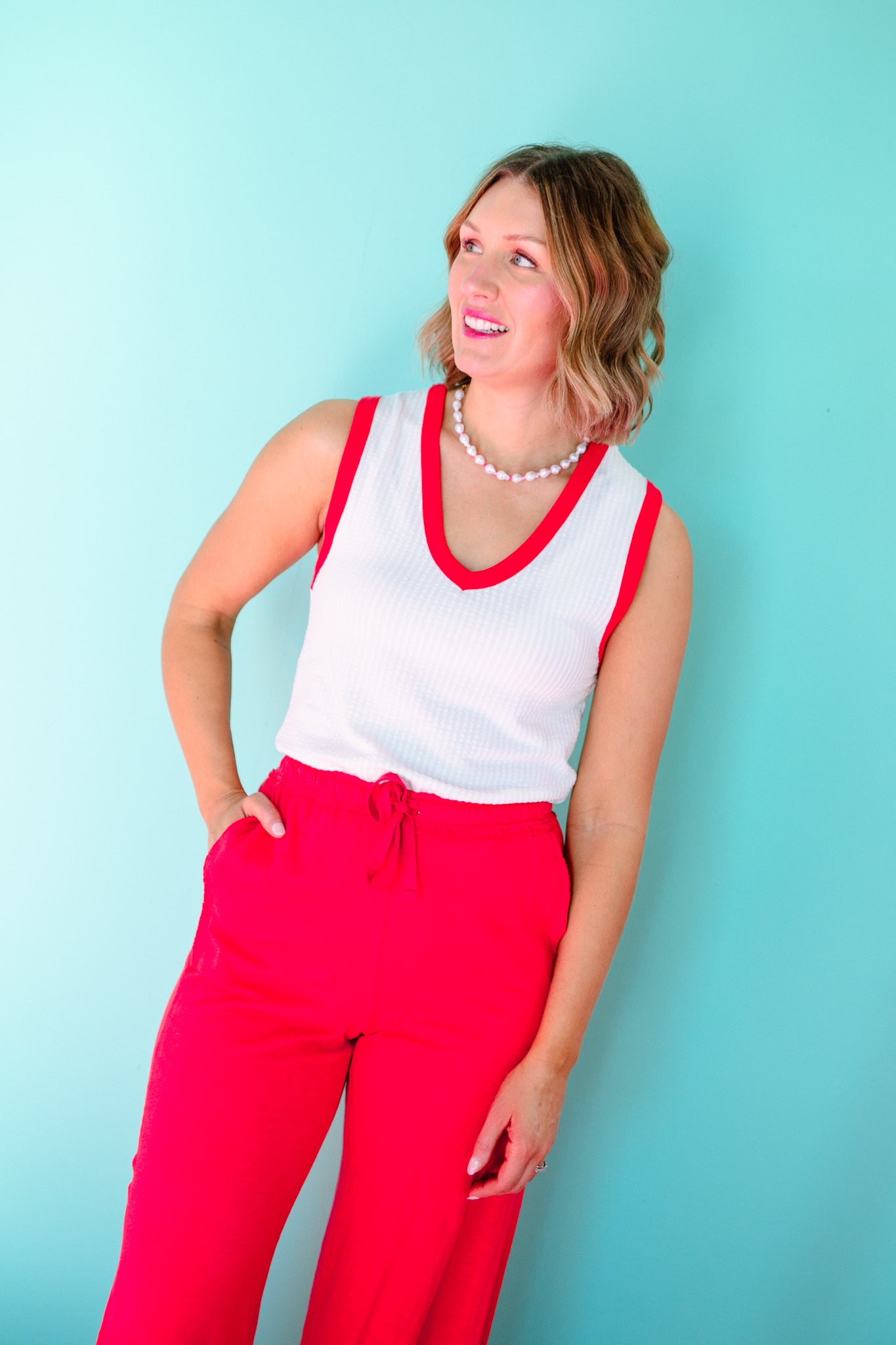 Feah V-Neck Tank - True Red + Soft White