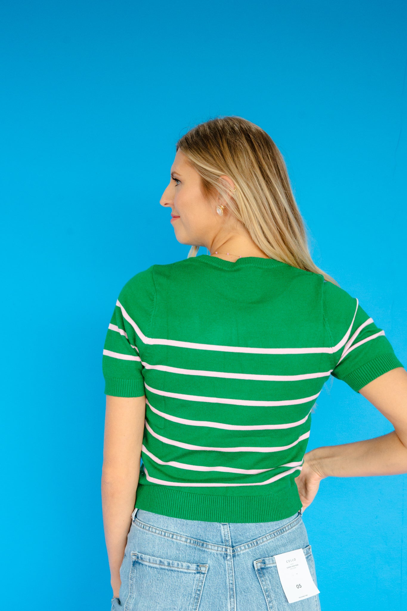 Mae Striped Short Sleeve Sweater - Leaf Green + Geranium Pink