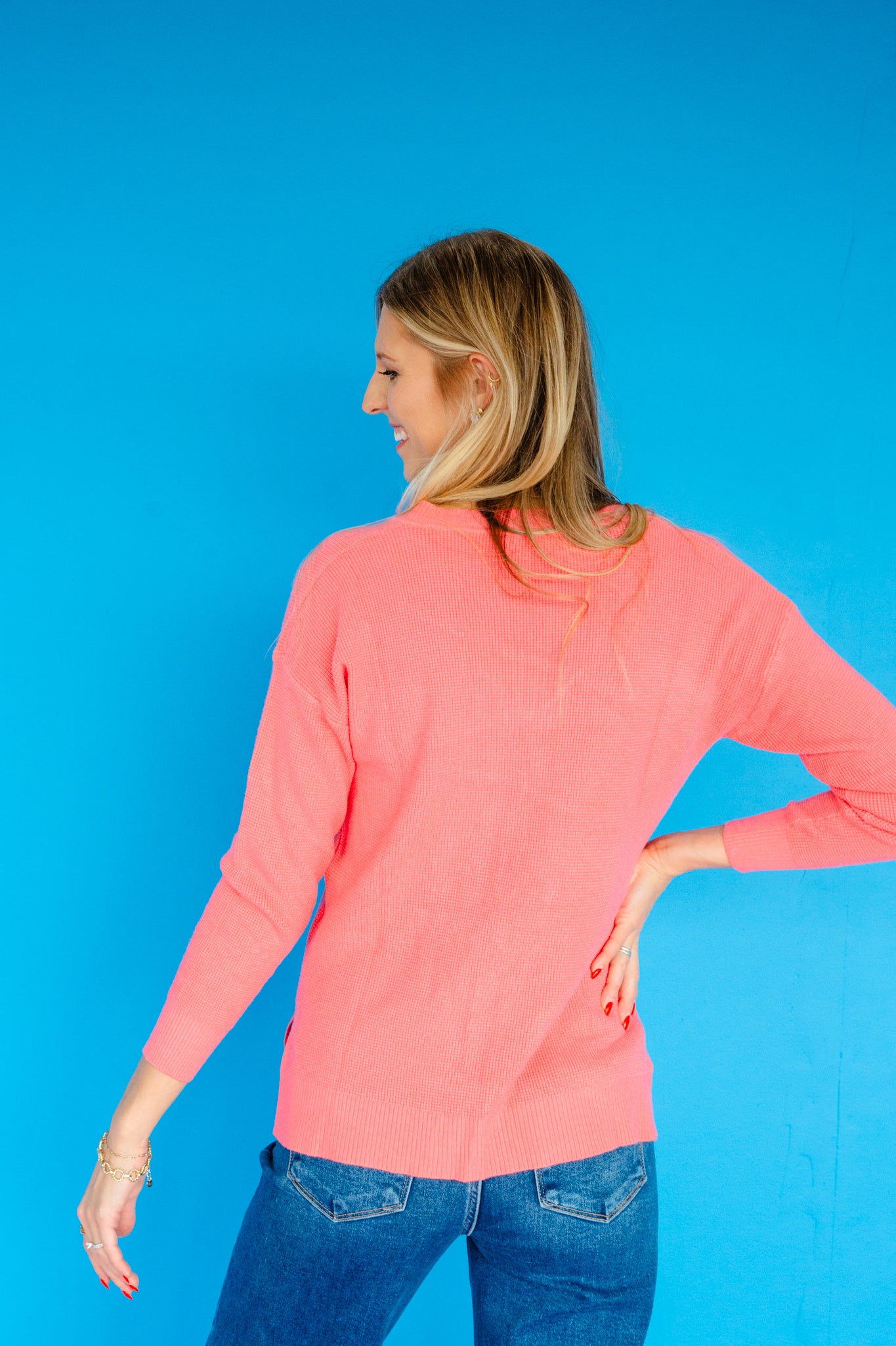 Faren V-Neck Waffle Knit Top - Warm Pink