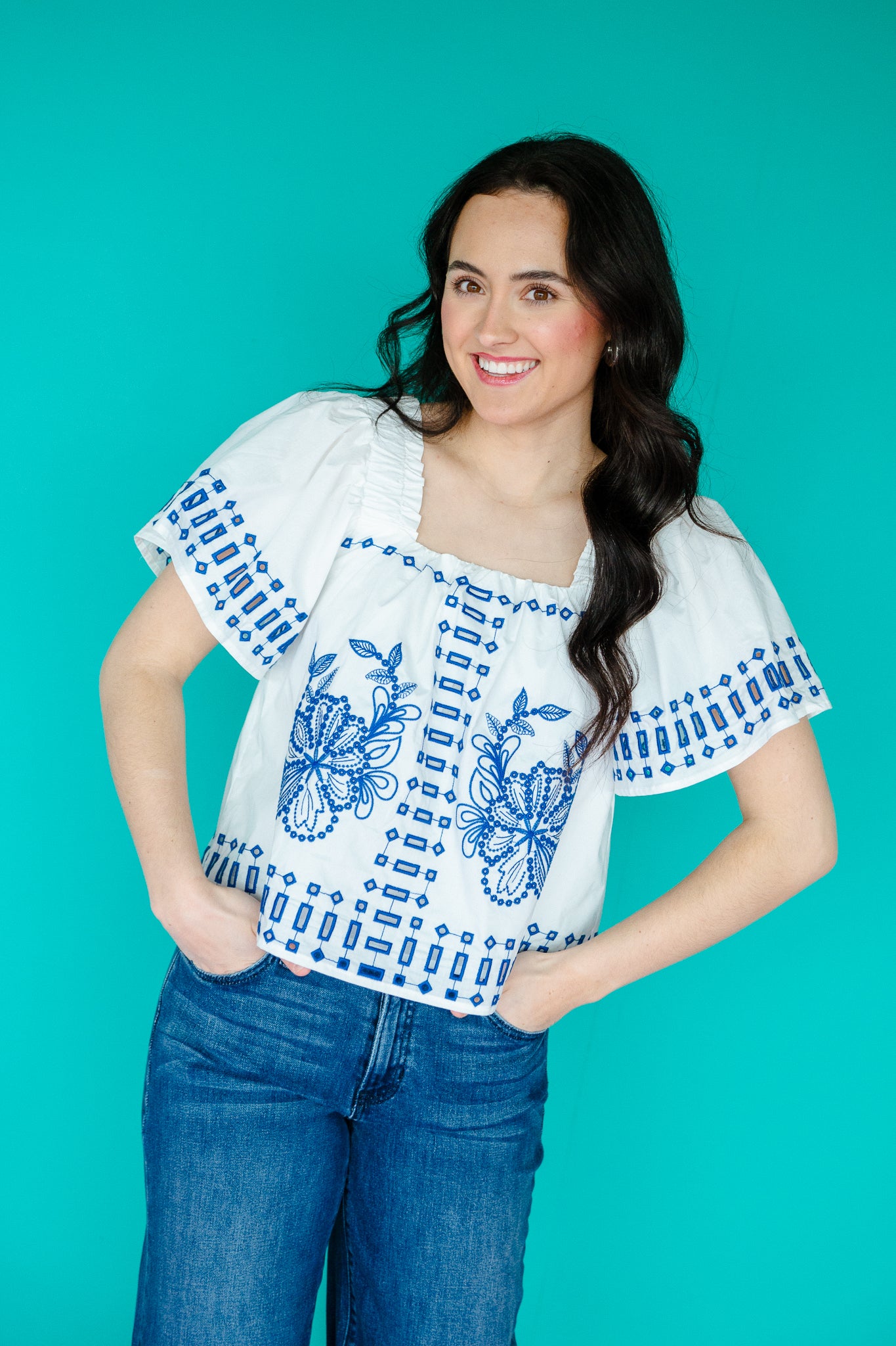 Megan Embroidered Blouse - Bright White + Bright Blue