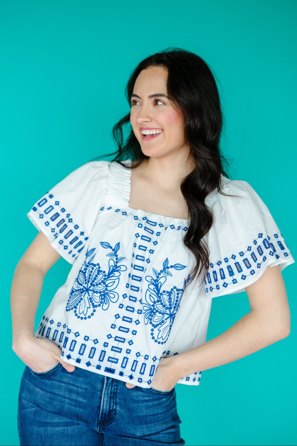 Megan Embroidered Blouse - Bright White + Bright Blue
