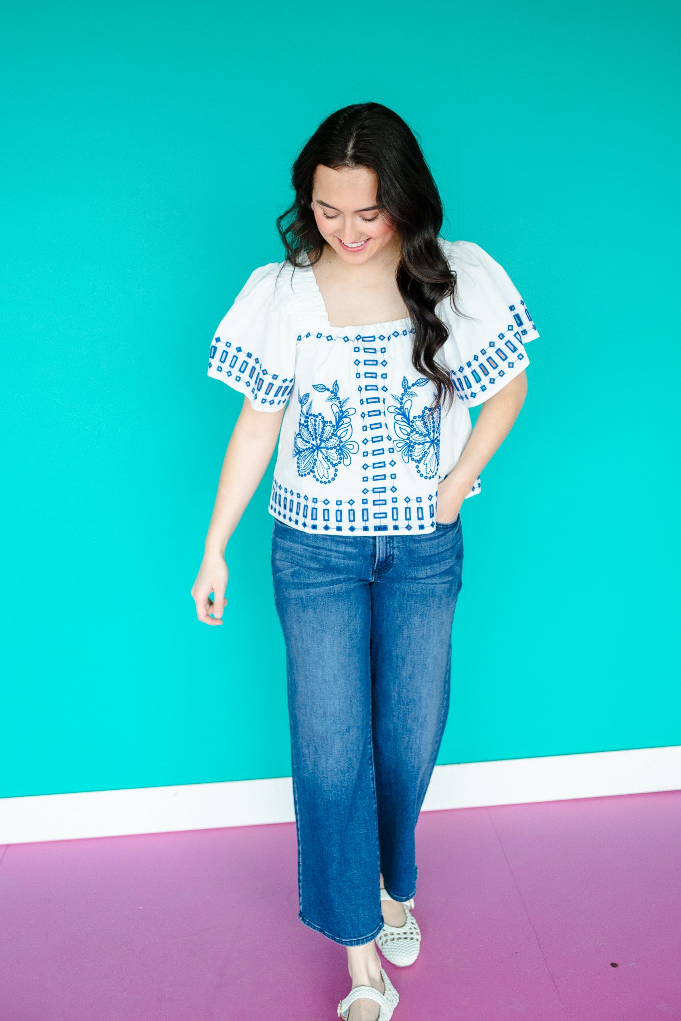 Megan Embroidered Blouse - Bright White + Bright Blue