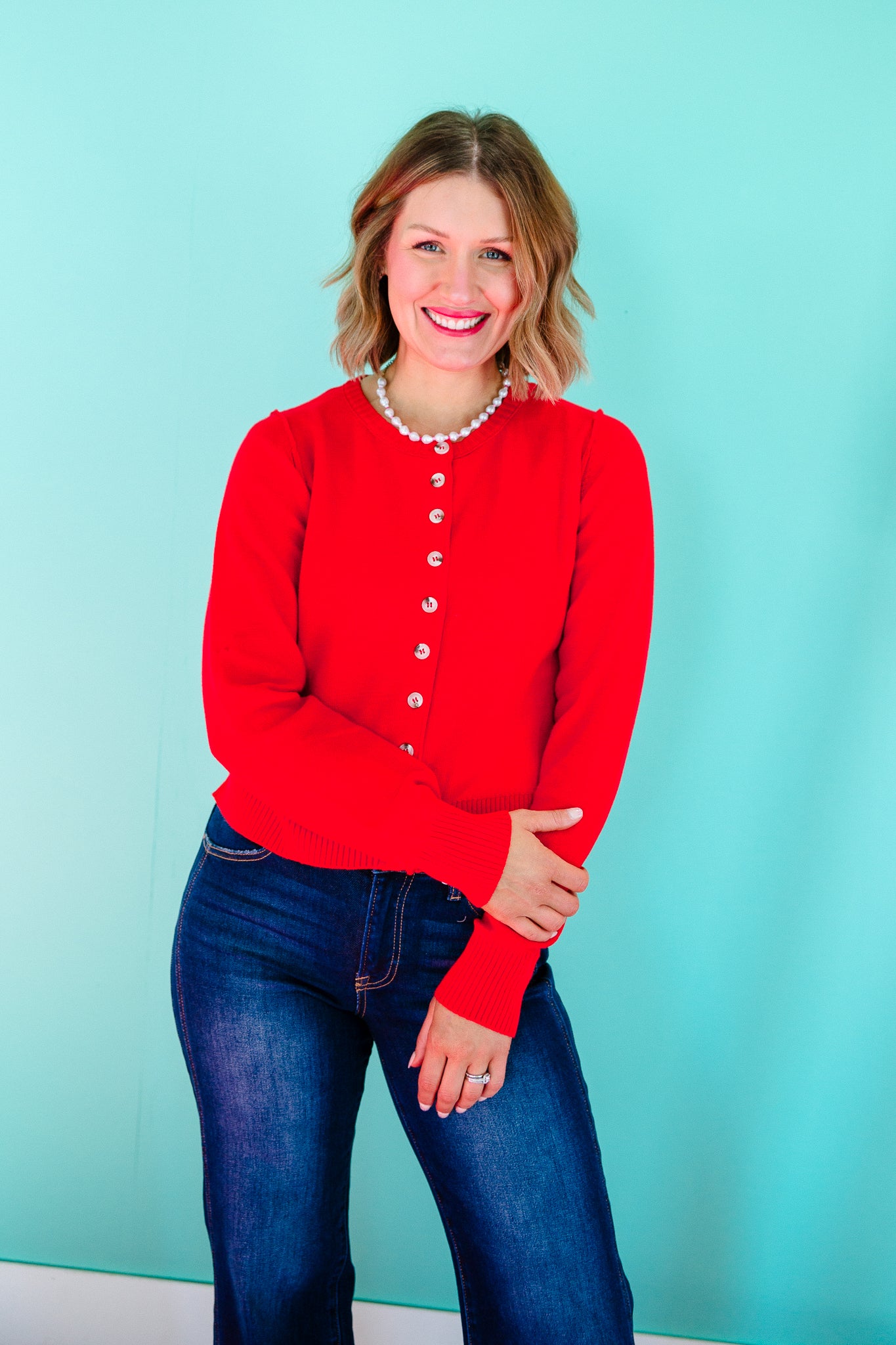 Deena Button Down Cardigan - True Red