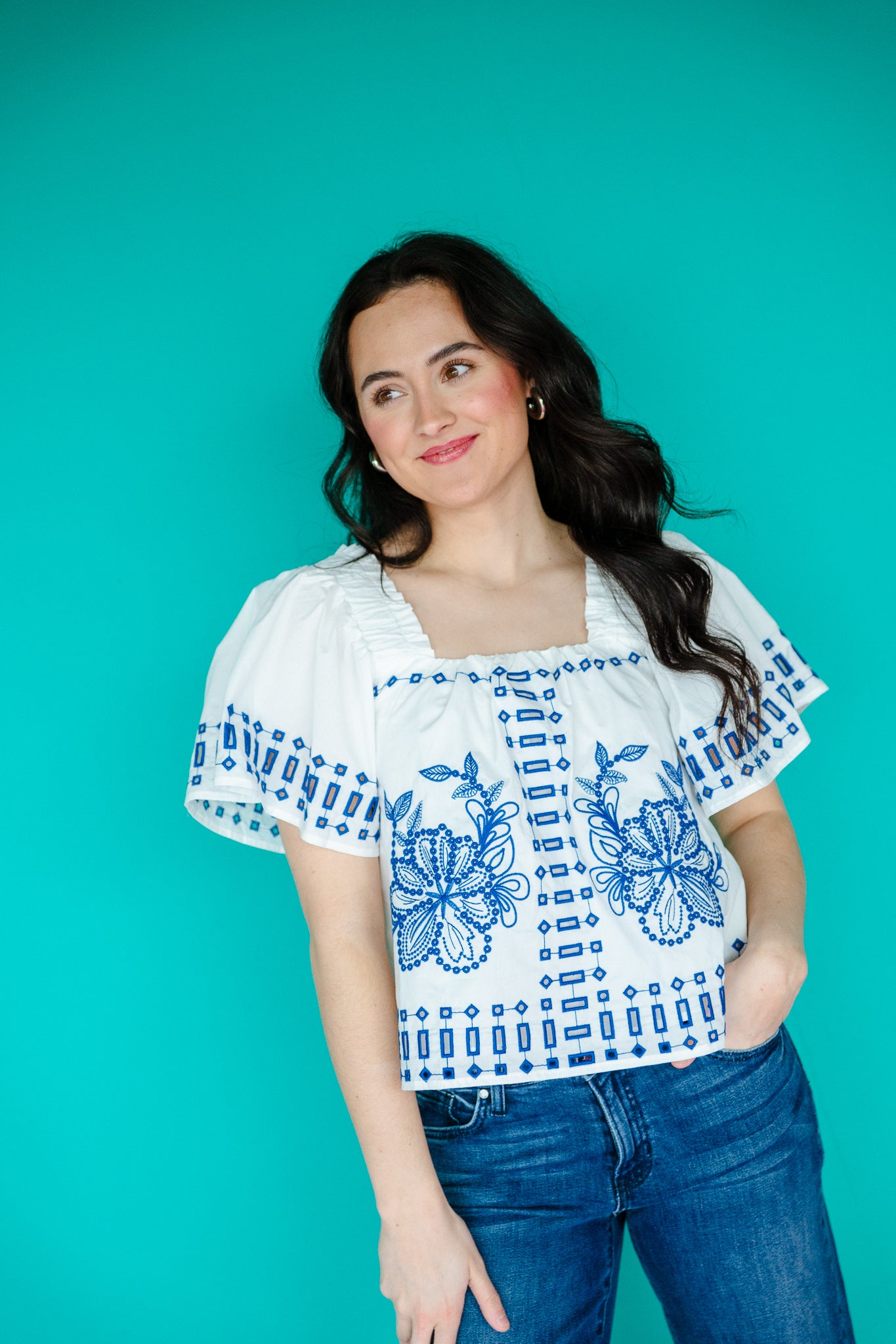 Megan Embroidered Blouse - Bright White + Bright Blue