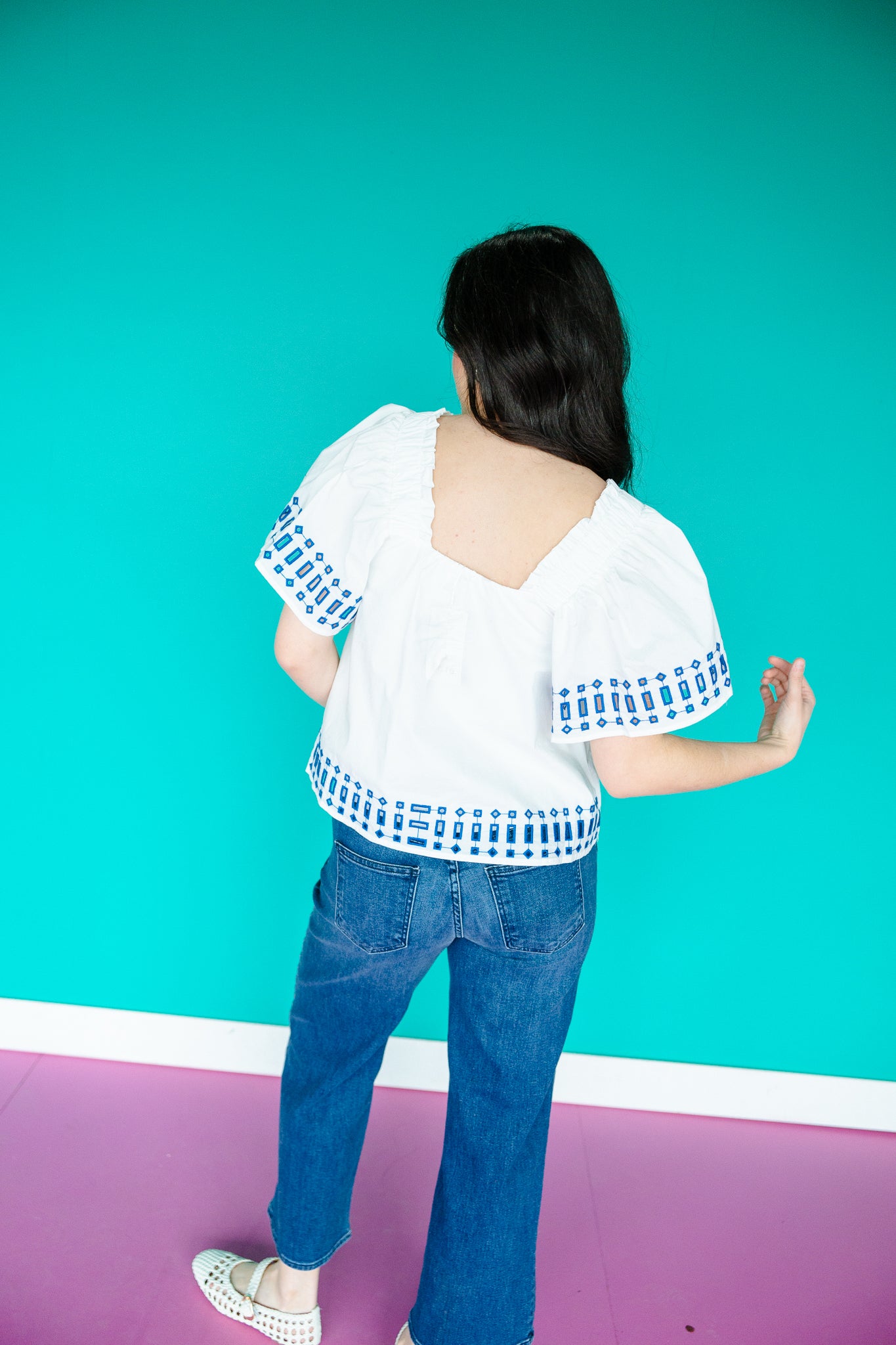 Megan Embroidered Blouse - Bright White + Bright Blue