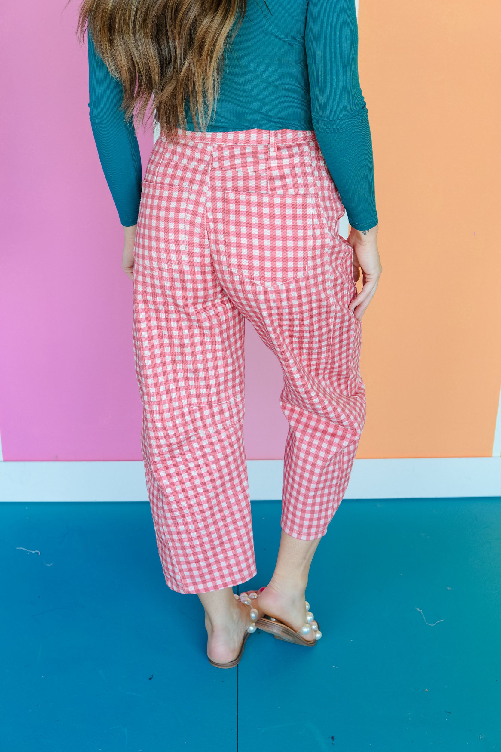 Sweet Talk Gingham Barrel Pants - Musk Pink