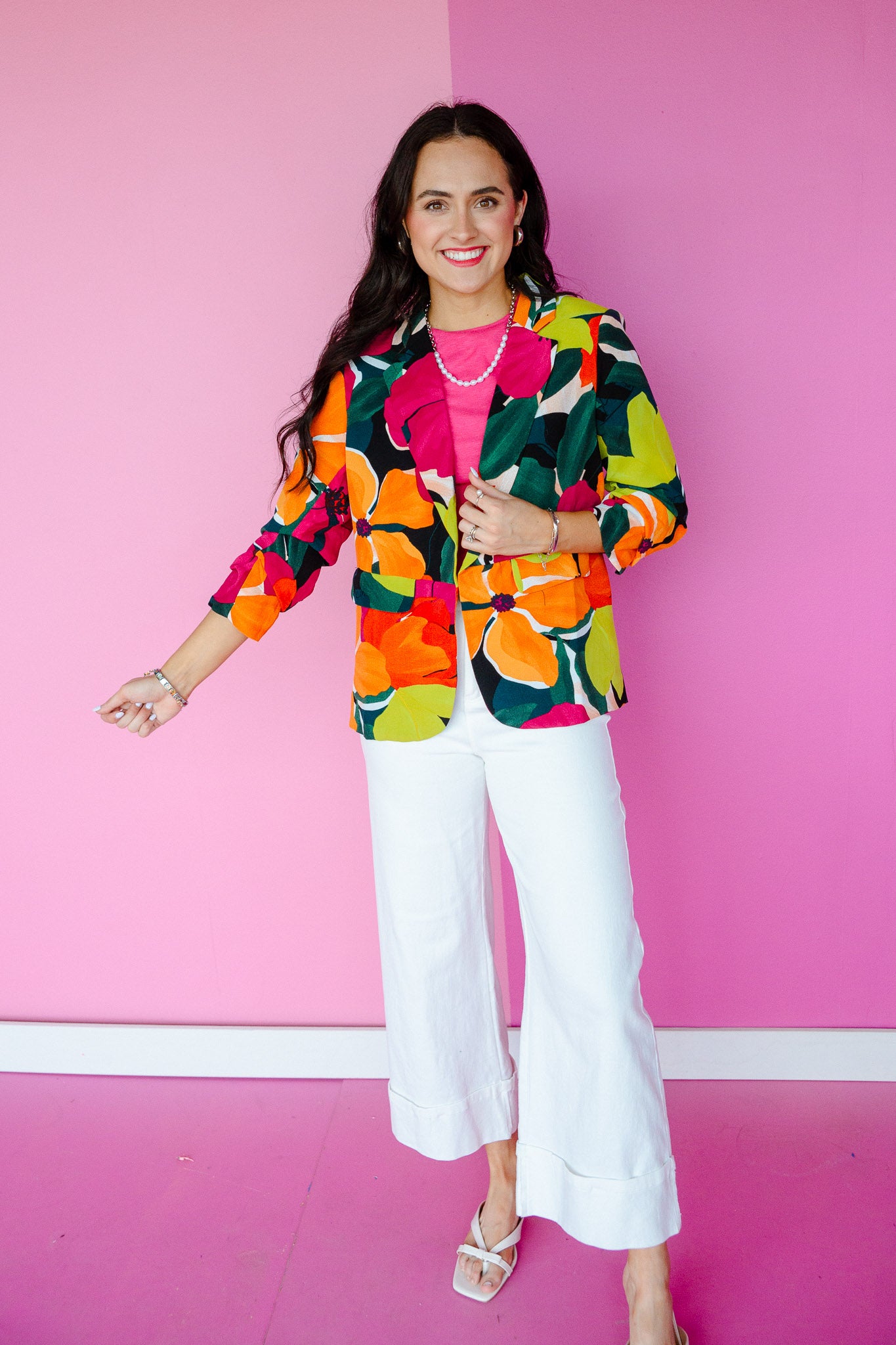 Janaya Floral Printed Open Front Blazer - Forest + Fuschia + Orange