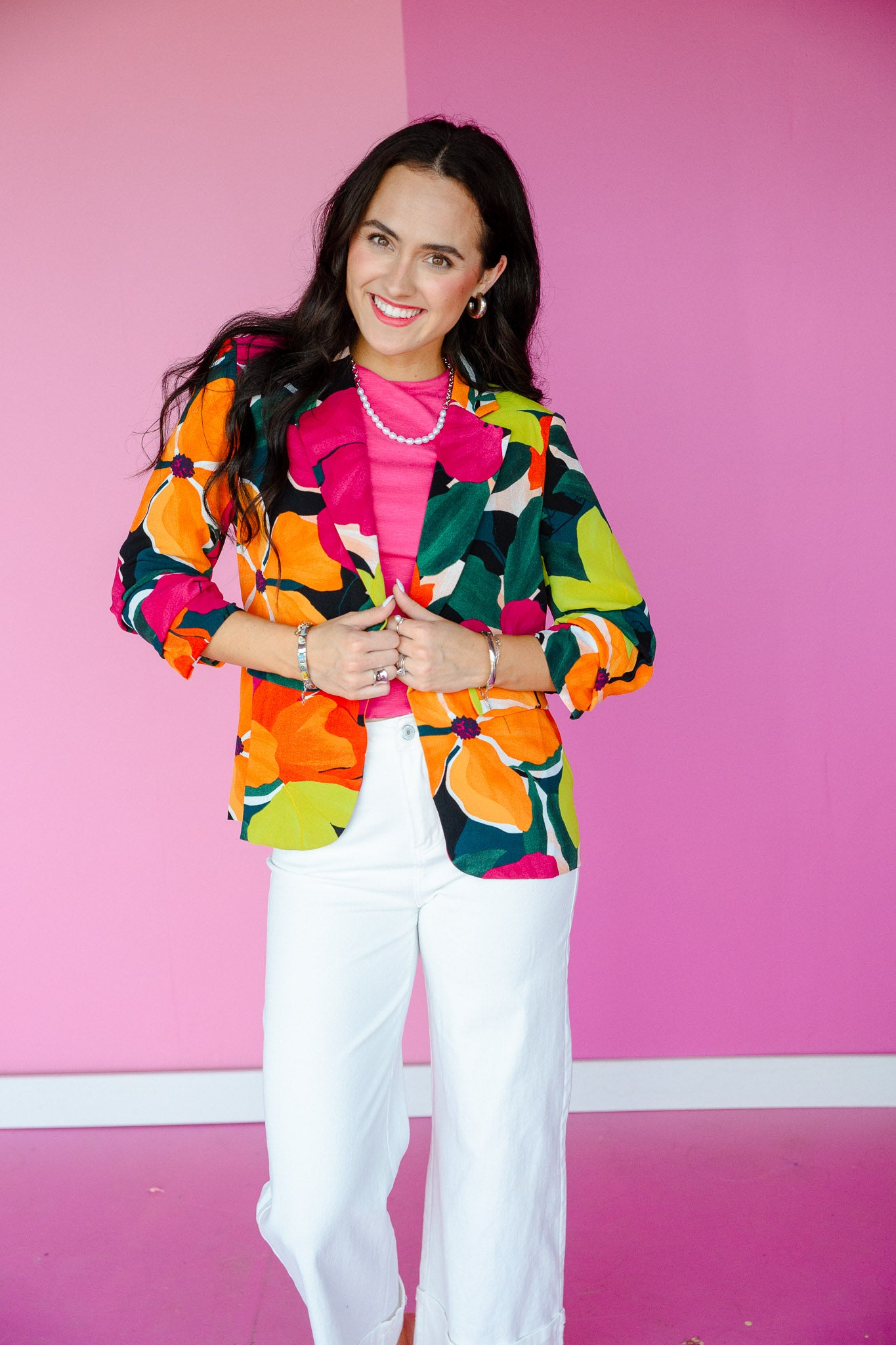 Janaya Floral Printed Open Front Blazer - Forest + Fuschia + Orange