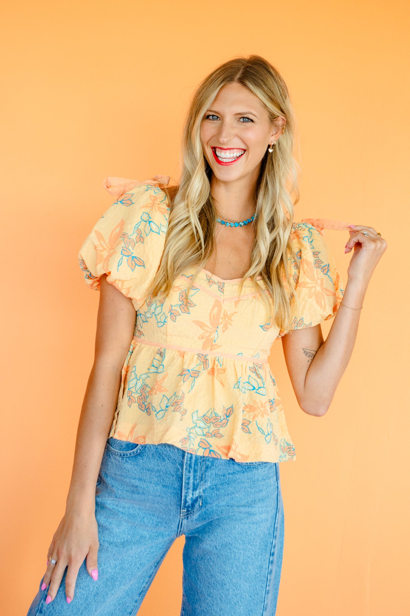 Malina Puff Sleeve Peplum Top - Peach + Kingfisher