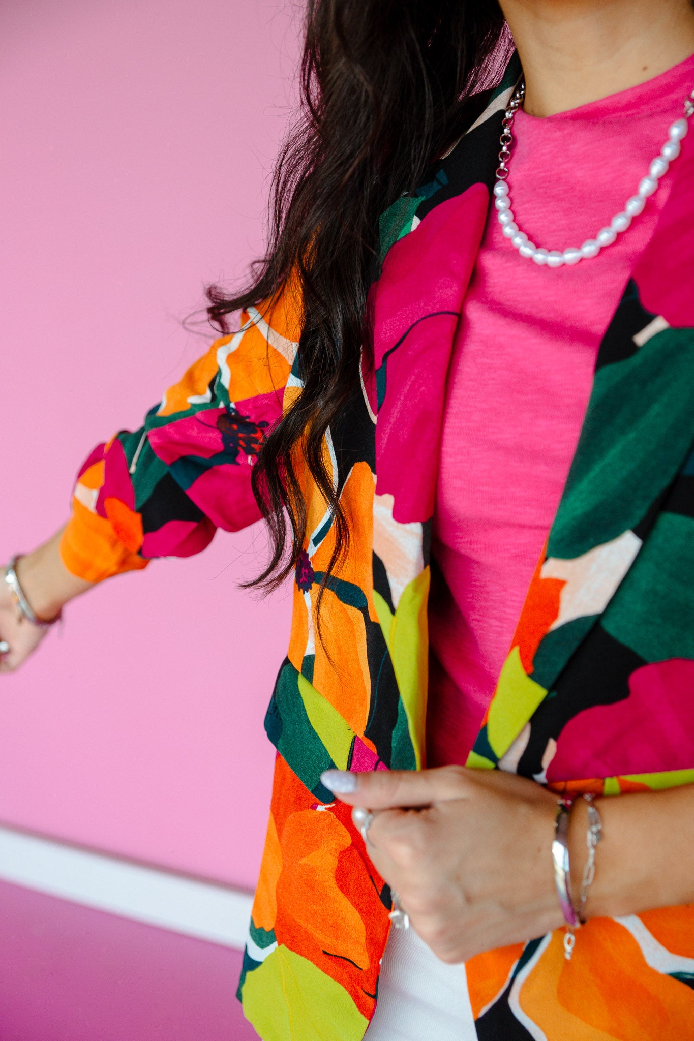 Janaya Floral Printed Open Front Blazer - Forest + Fuschia + Orange