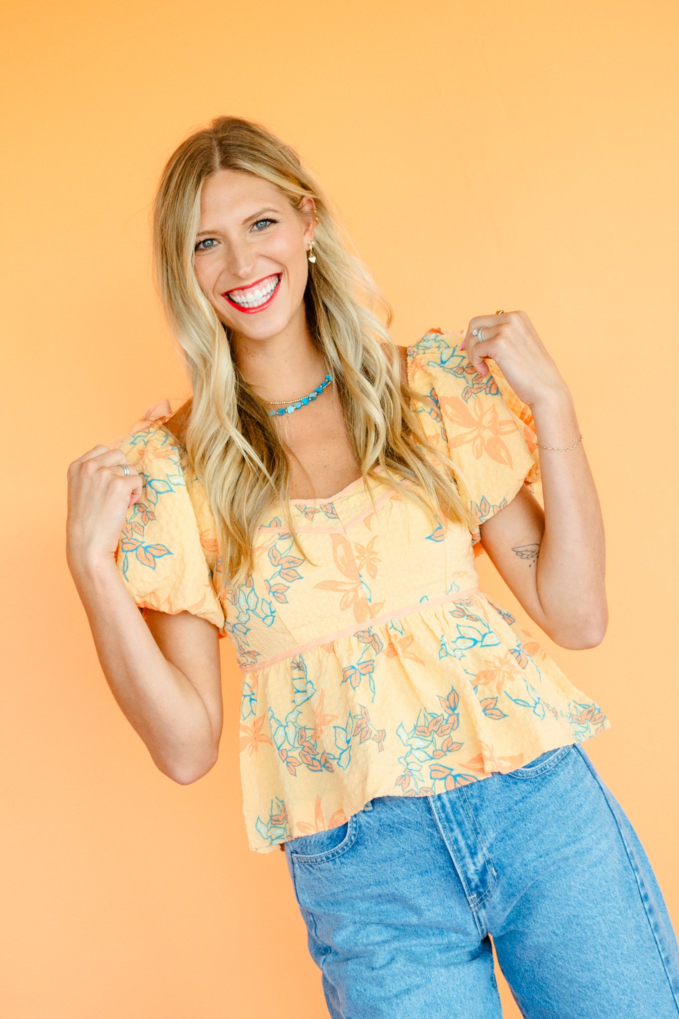 Malina Puff Sleeve Peplum Top - Peach + Kingfisher