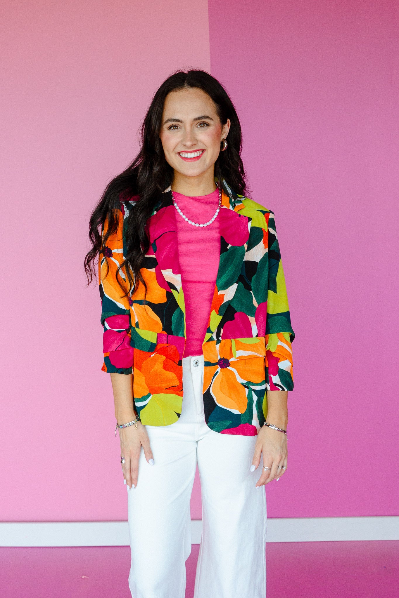 Janaya Floral Printed Open Front Blazer - Forest + Fuschia + Orange