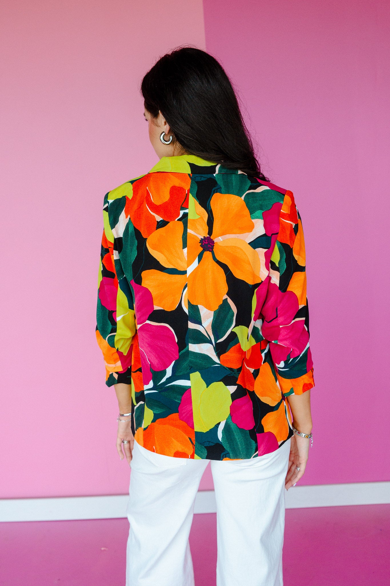 Janaya Floral Printed Open Front Blazer - Forest + Fuschia + Orange