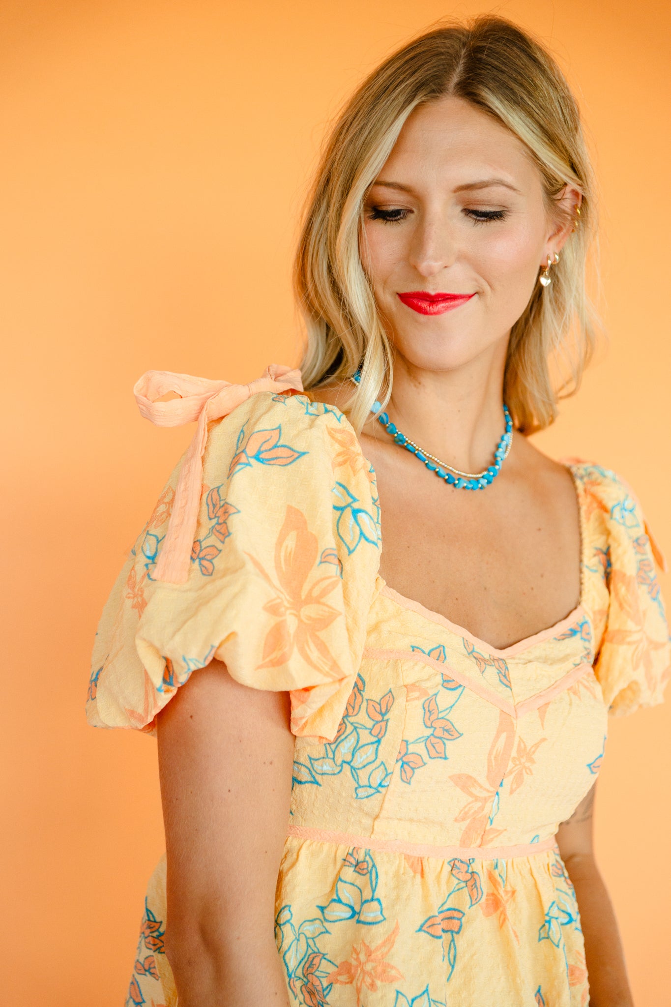 Malina Puff Sleeve Peplum Top - Peach + Kingfisher